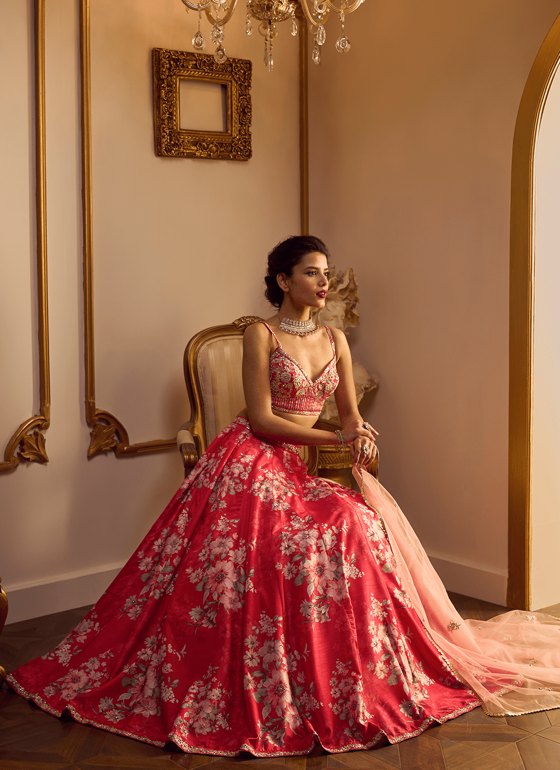Red Floral Printed Lehenga - Lashkaraa