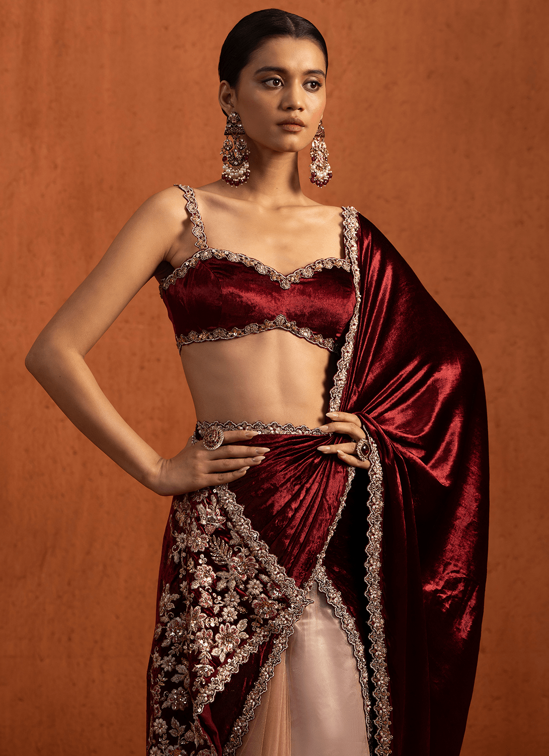 Red Multicolor Embroidered Viscose Velvet Saree - Lashkaraa