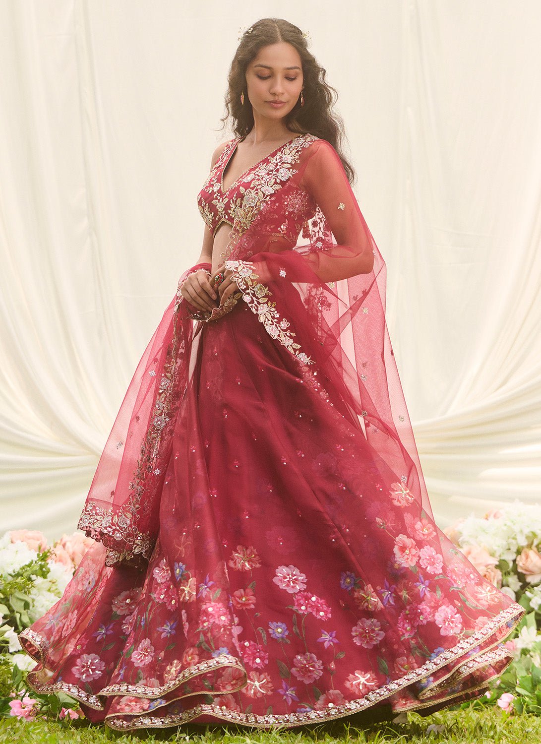 Red Multicolor Floral Embroidered Lehenga - Lashkaraa