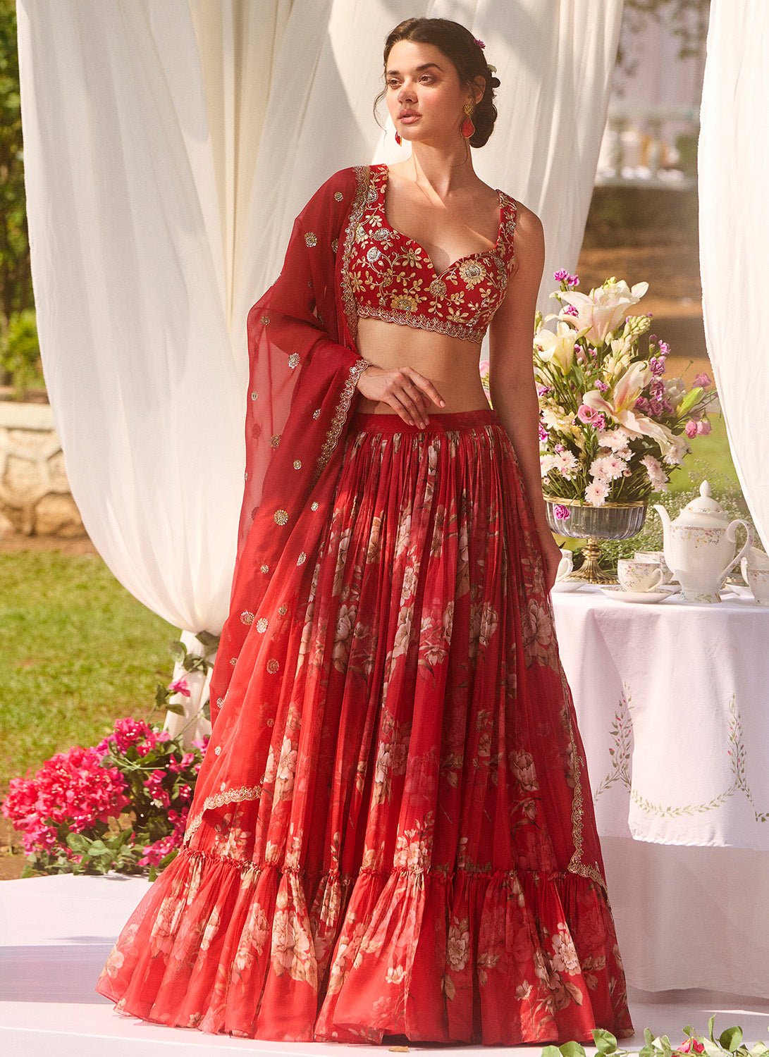 Red Multicolor Floral Embroidered Lehenga - Lashkaraa