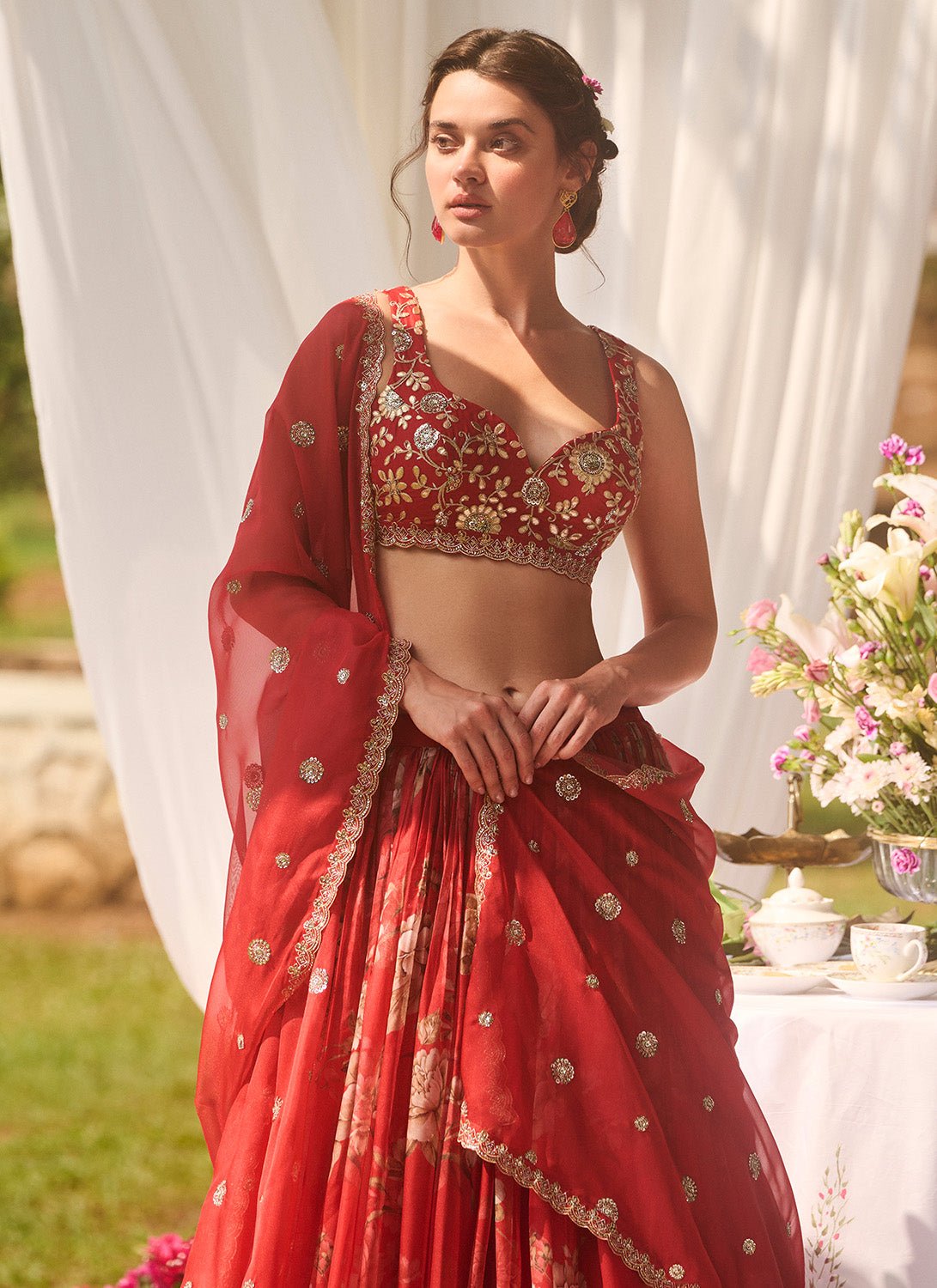 Red Multicolor Floral Embroidered Lehenga - Lashkaraa