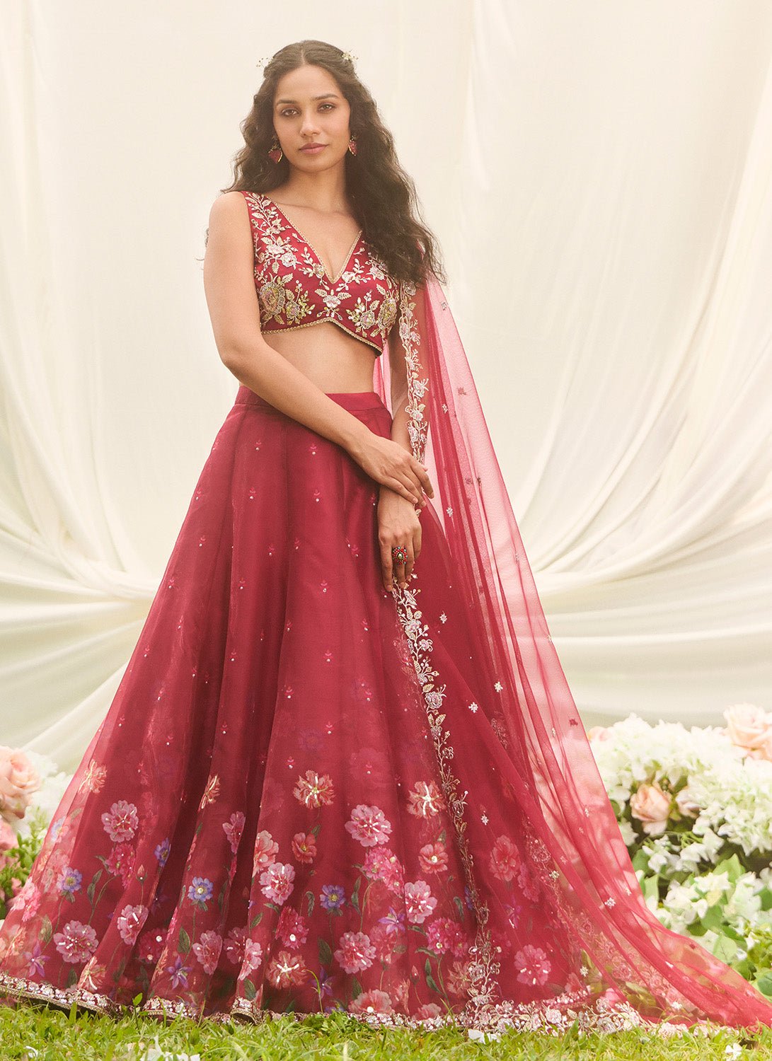 Red Multicolor Floral Embroidered Lehenga - Lashkaraa