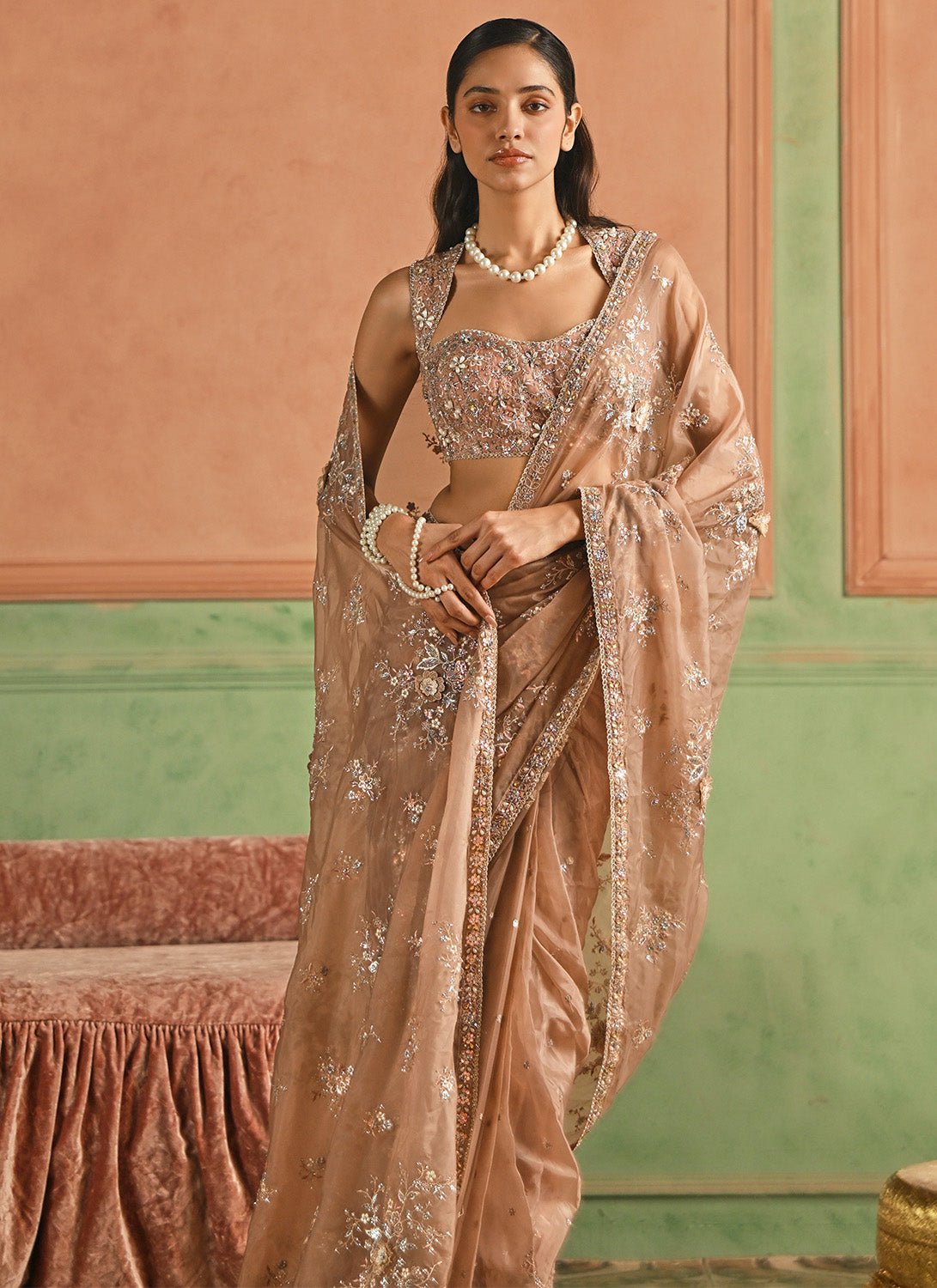 Rose Gold Embroidered Organza Saree - Lashkaraa