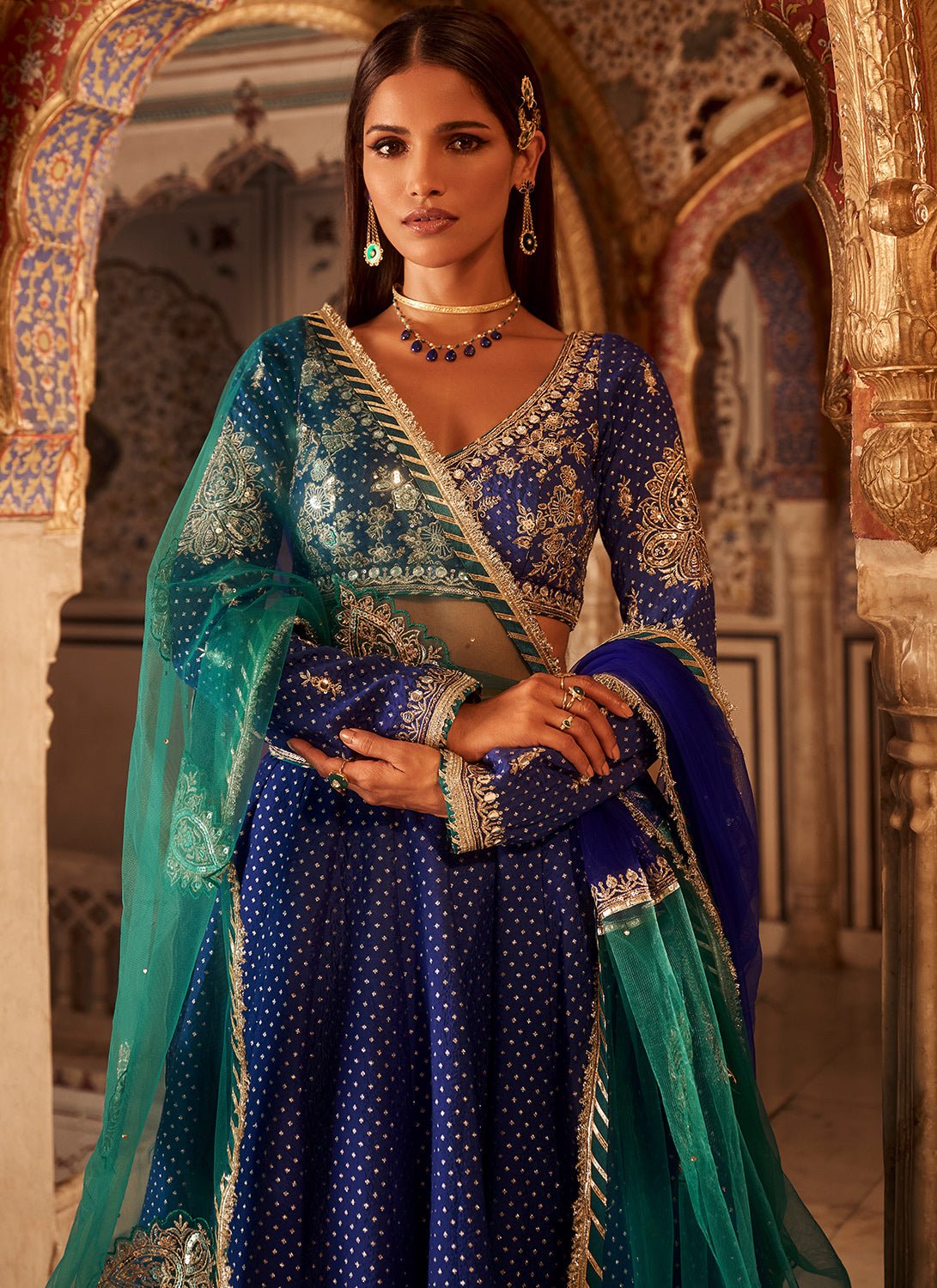 Royal Blue Embroidered Brocade Lehenga - Lashkaraa