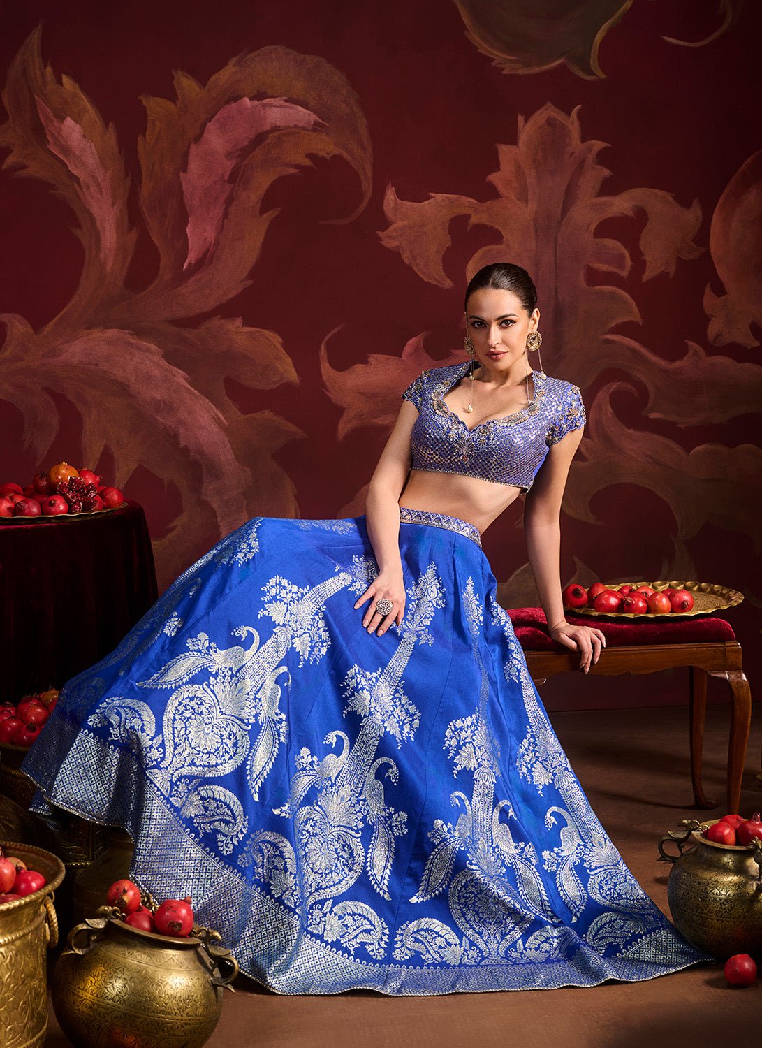 Royal Blue Embroidered Brocade Lehenga - Lashkaraa