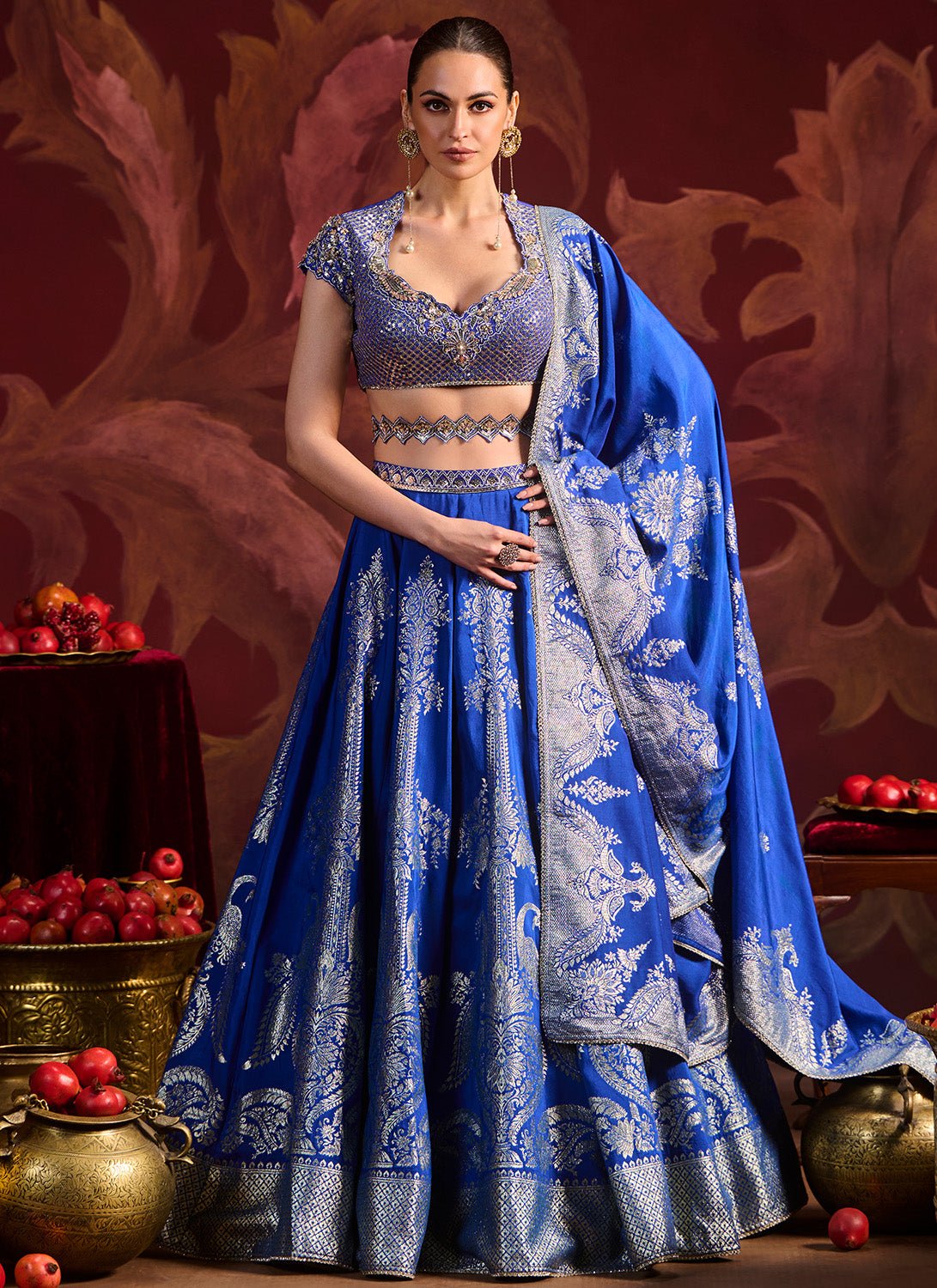 Royal Blue Embroidered Brocade Lehenga - Lashkaraa