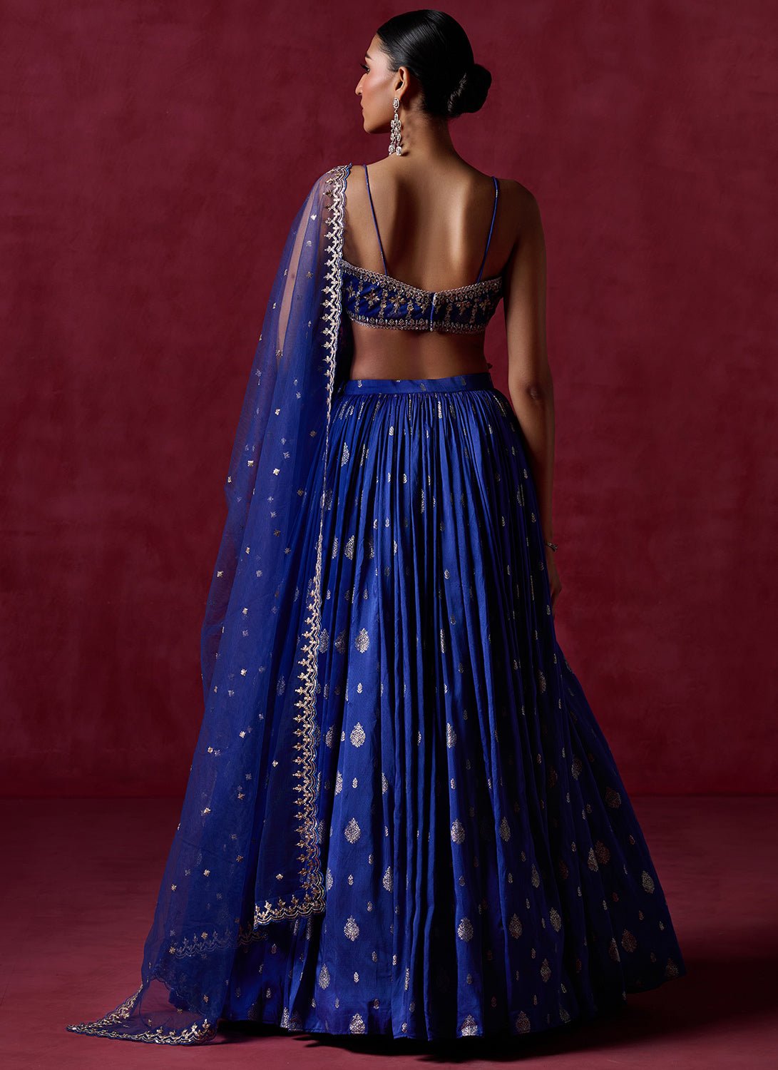 Royal Blue Embroidered Brocade Lehenga - Lashkaraa