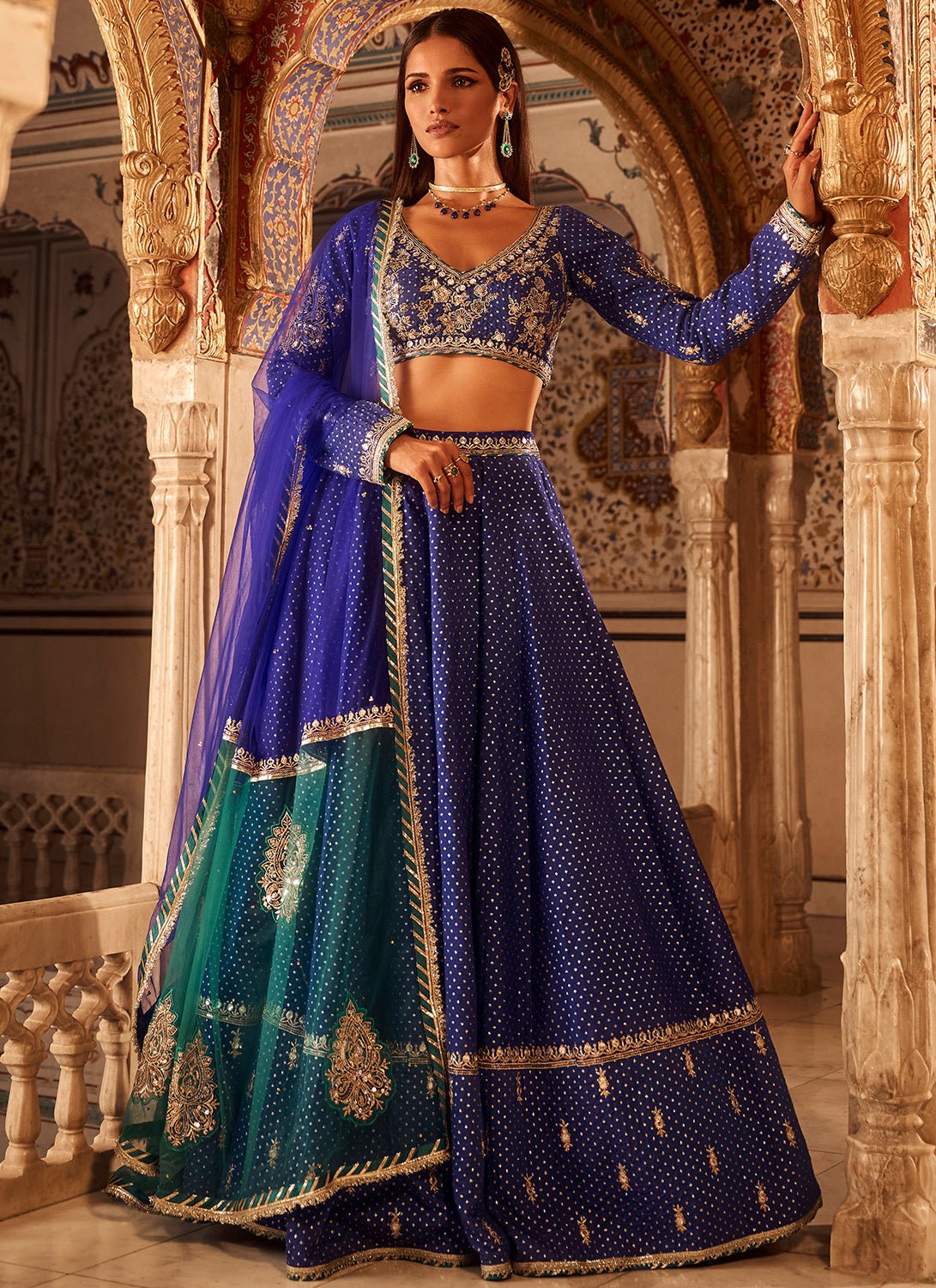 Royal Blue Embroidered Brocade Lehenga - Lashkaraa
