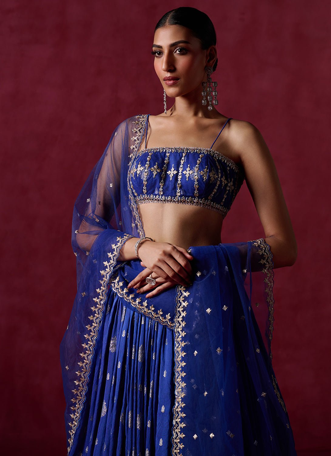 Royal Blue Embroidered Brocade Lehenga - Lashkaraa
