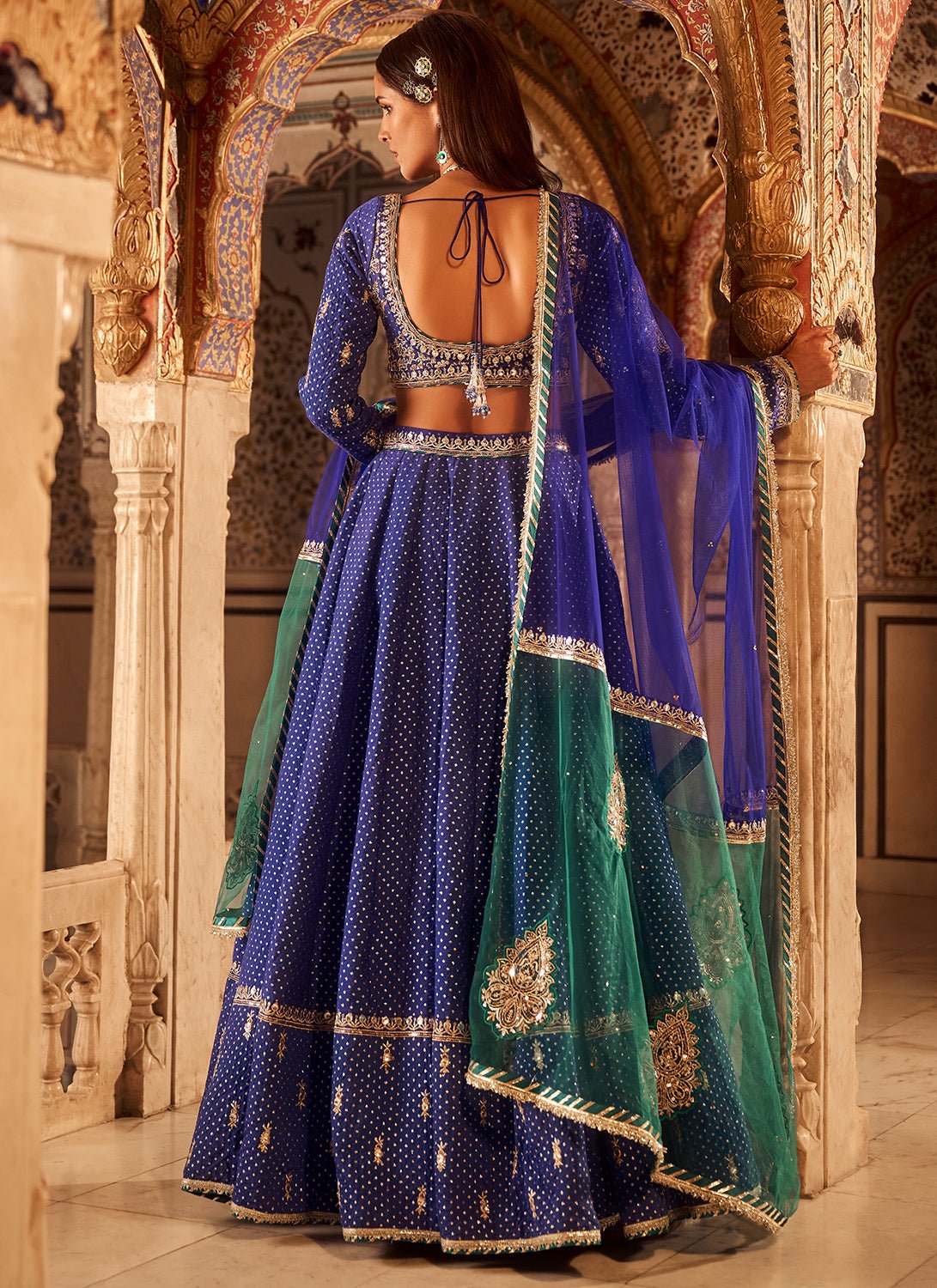 Royal Blue Embroidered Brocade Lehenga - Lashkaraa