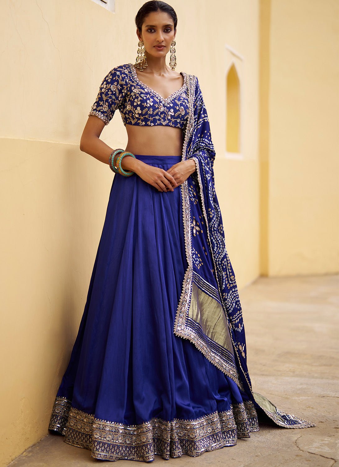 Royal Blue Embroidered Pure Bandhani Lehenga - Lashkaraa
