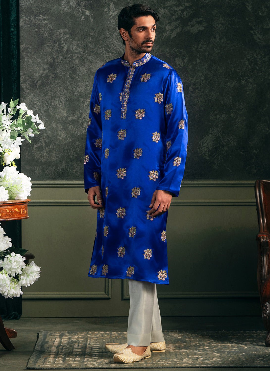 Royal Blue Embroidered Satin Kurta Set - Lashkaraa