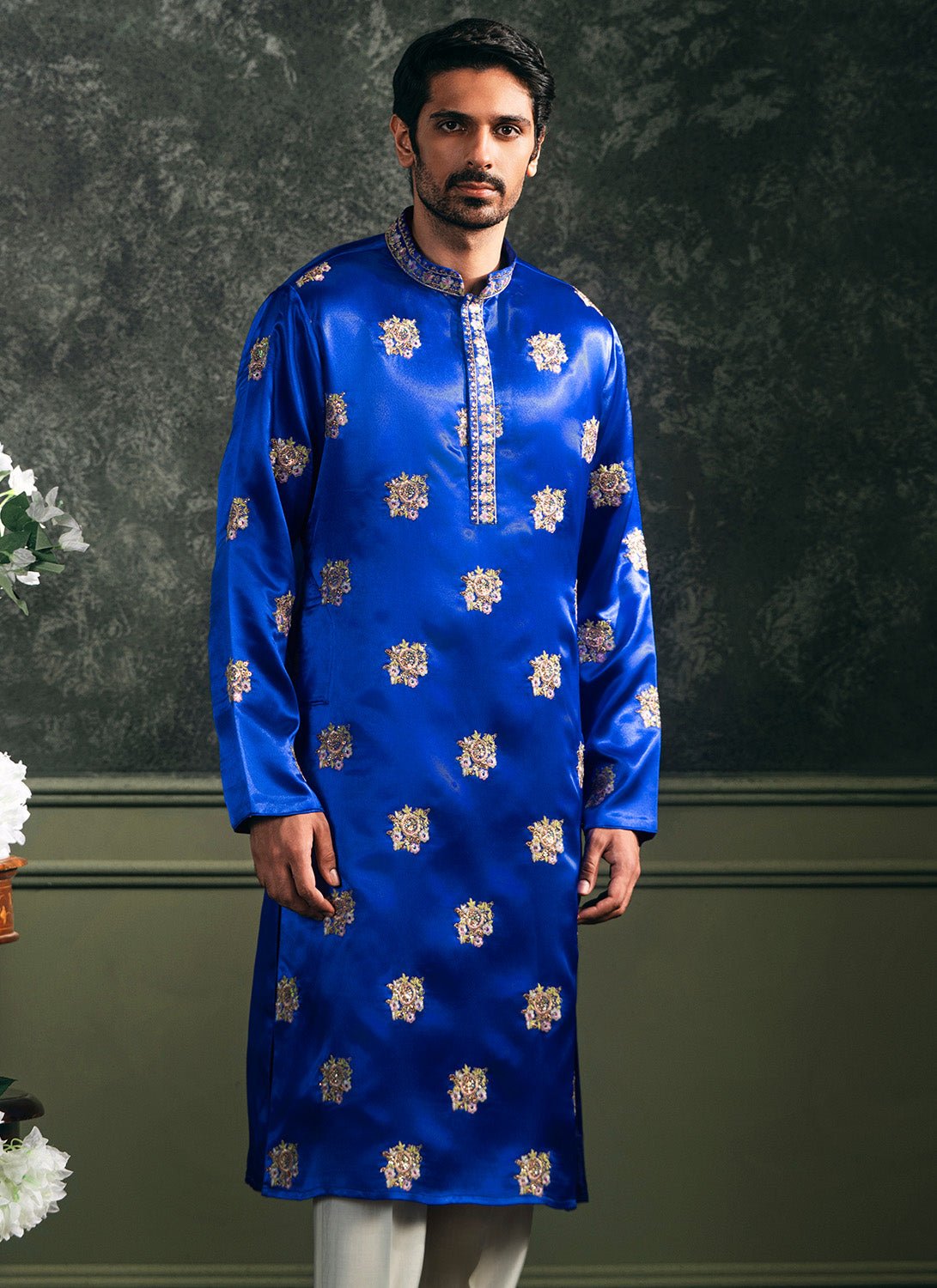 Royal Blue Embroidered Satin Kurta Set - Lashkaraa