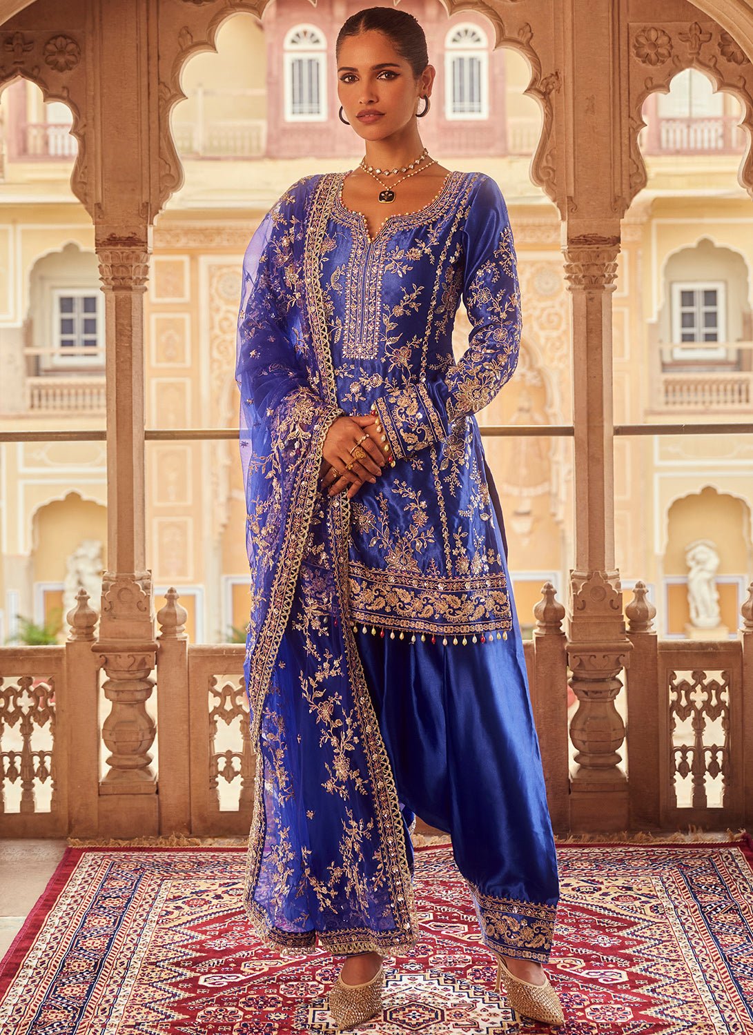 slim fit dress slacks Royal Blue Embroidered Satin Punjabi Suit