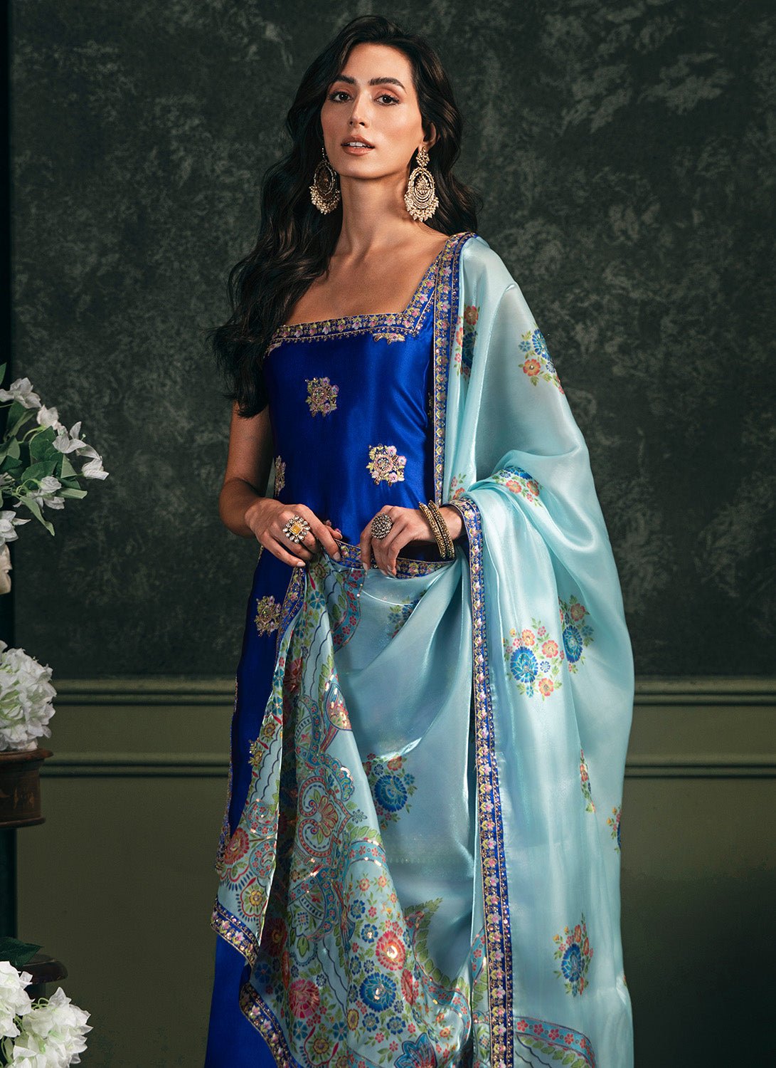 Royal Blue Embroidered Satin Sharara - Lashkaraa