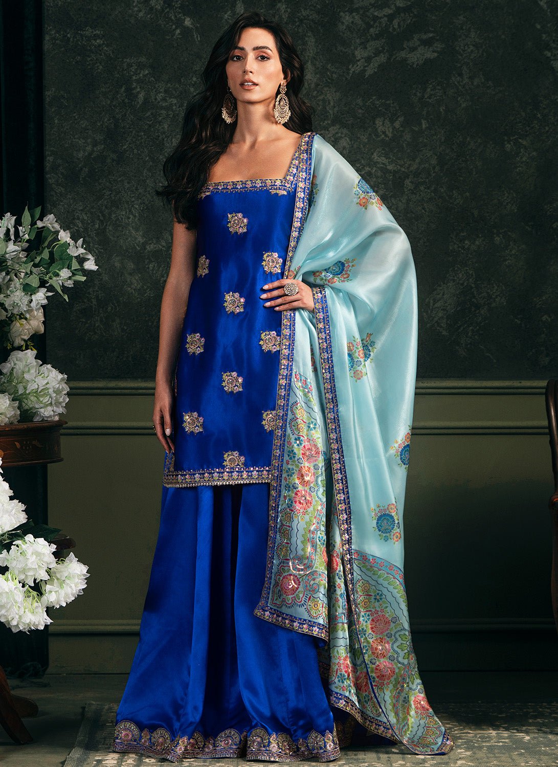 Royal Blue Embroidered Satin Sharara - Lashkaraa