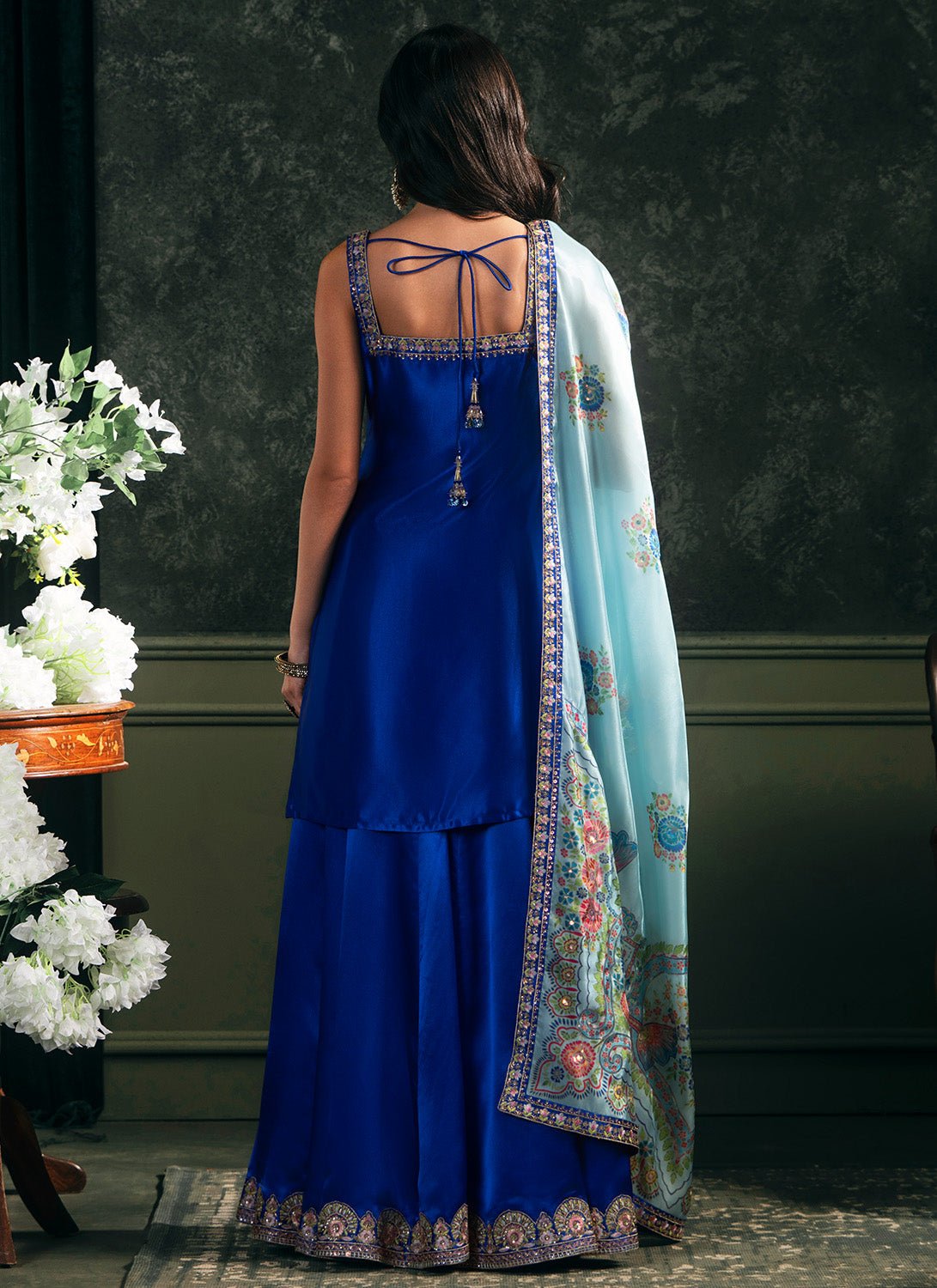 Royal Blue Embroidered Satin Sharara - Lashkaraa