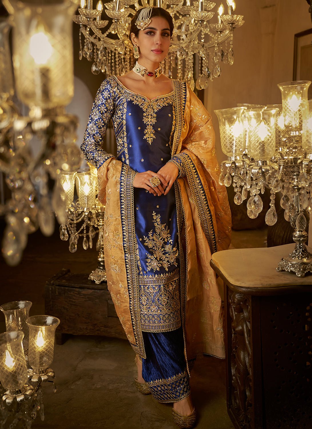 Royal Blue Embroidered Straight Suit - Lashkaraa