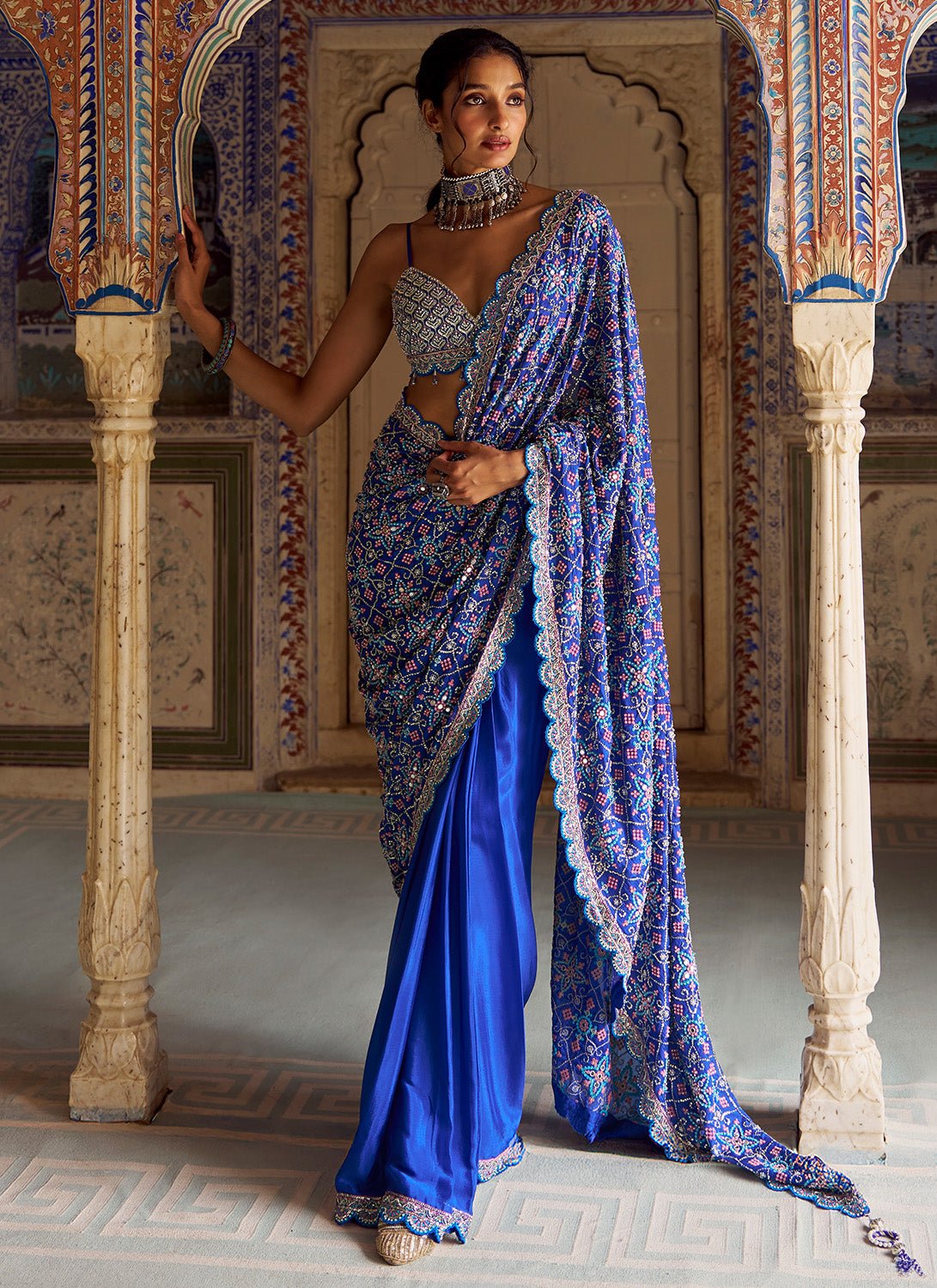 Royal Blue Embroidered Viscose Chiffon Saree - Lashkaraa