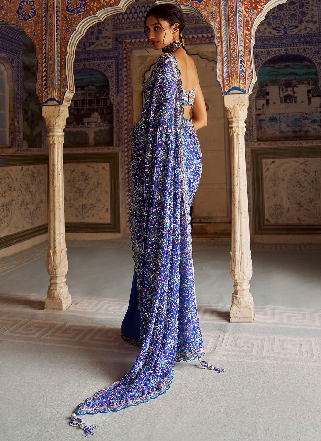 Royal Blue Embroidered Viscose Chiffon Saree - Lashkaraa