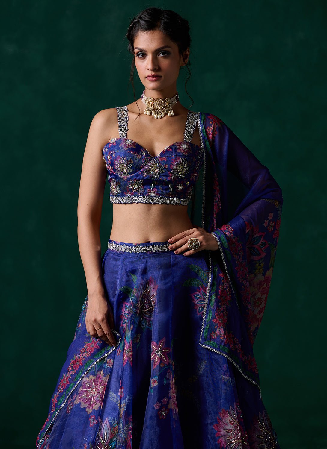 Royal Blue Multicolor Floral Printed Lehenga - Lashkaraa