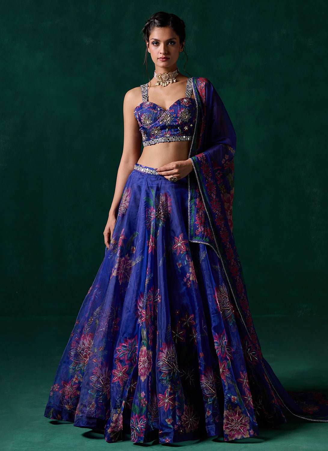 Royal Blue Multicolor Floral Printed Lehenga - Lashkaraa