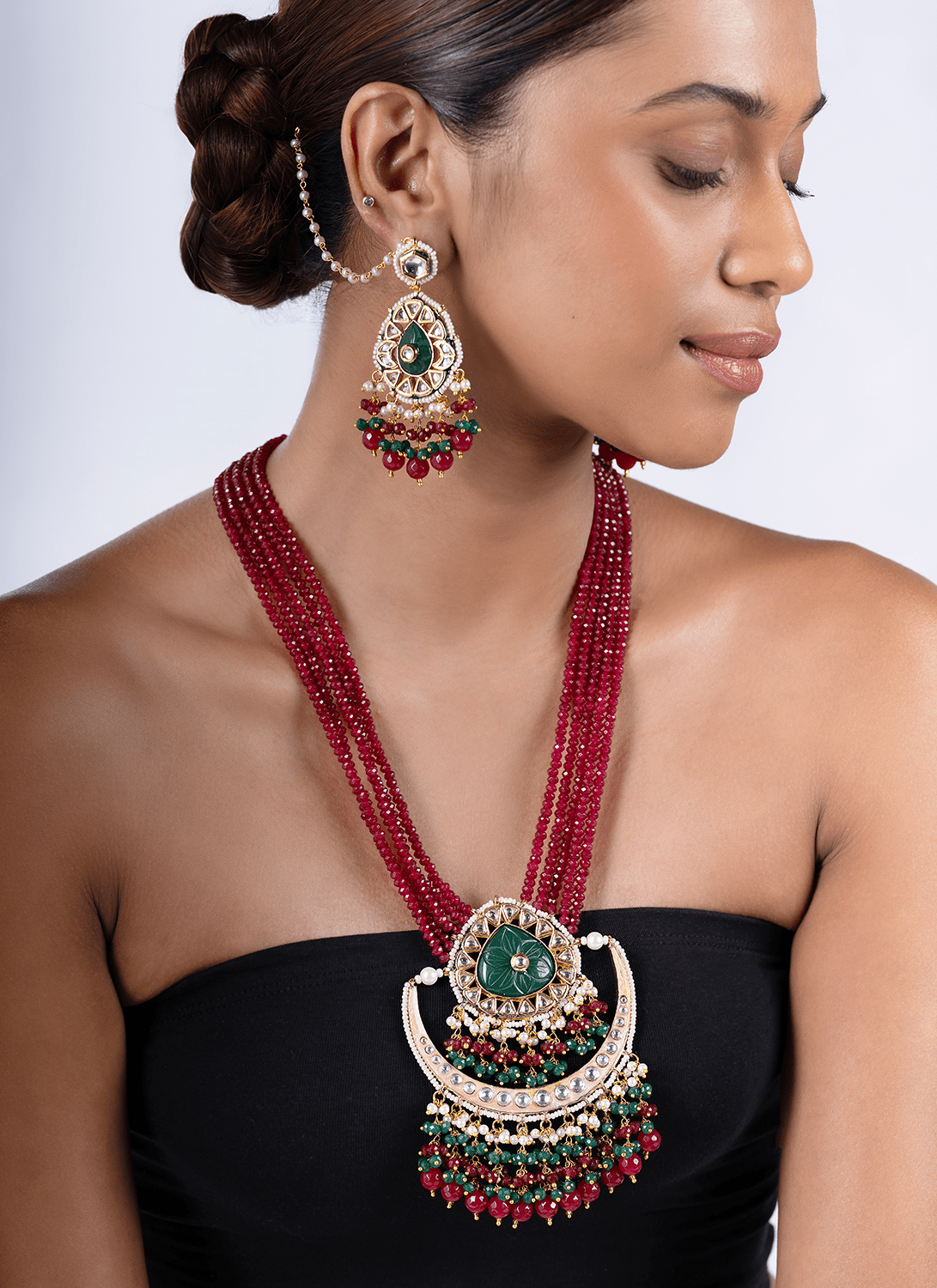 Ruby and Emerald Mala Necklace Set - Lashkaraa