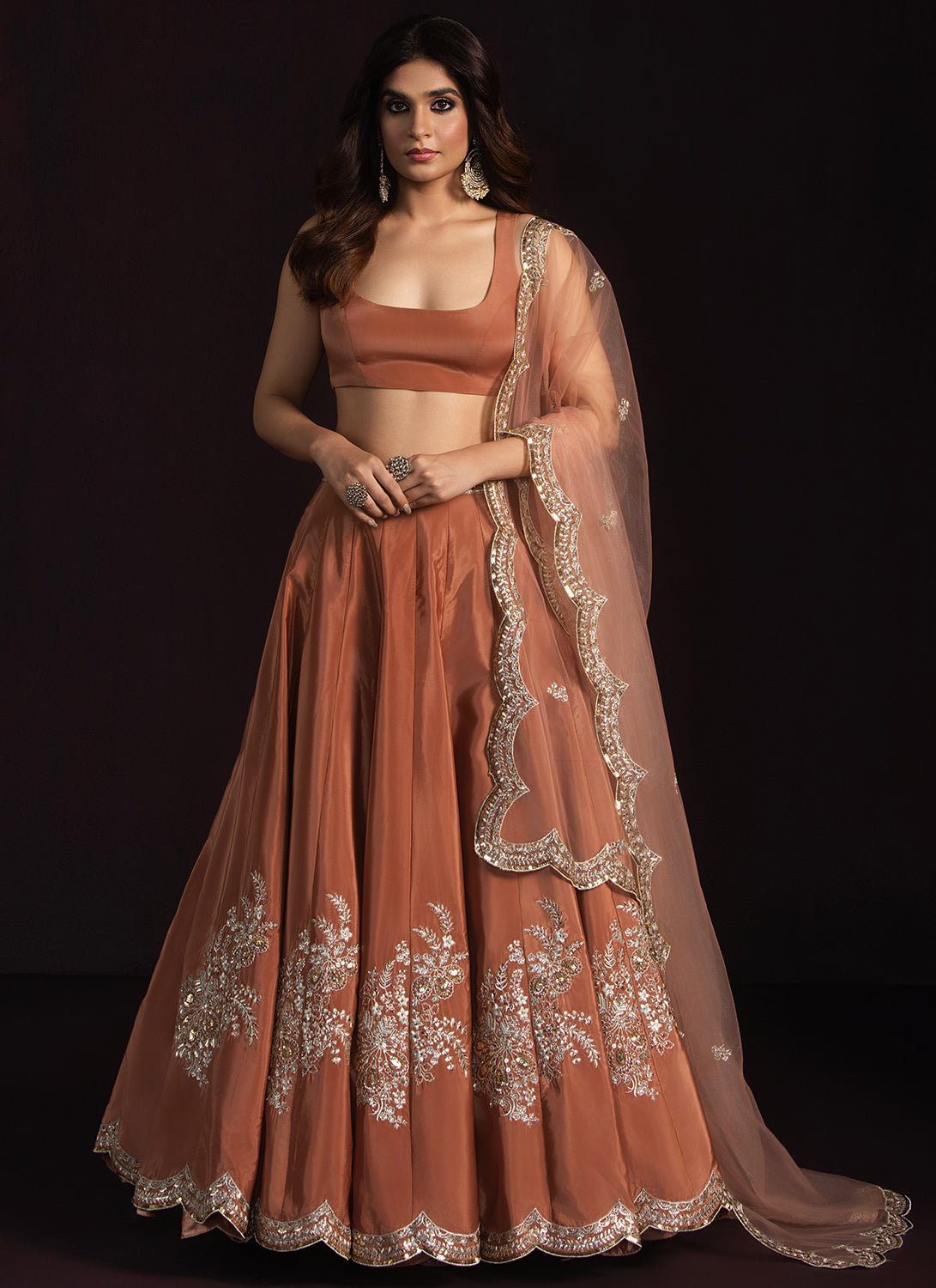 Rust Brown Embroidered Crepe Lehenga - Lashkaraa