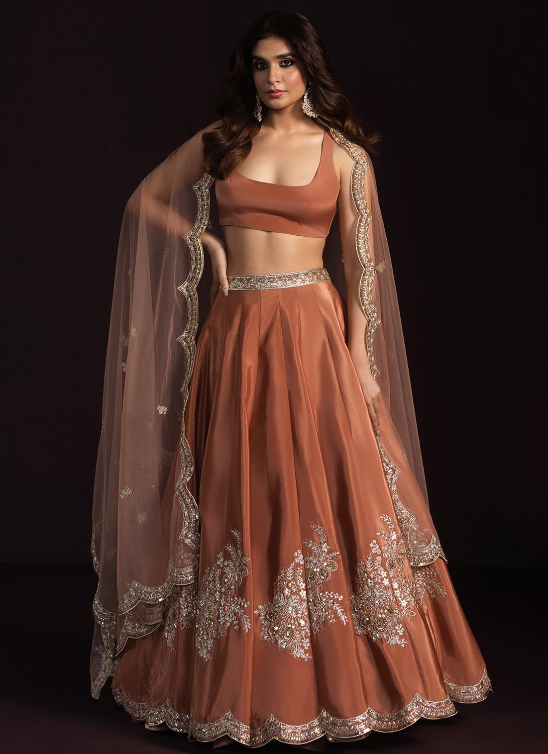 Rust Brown Embroidered Crepe Lehenga - Lashkaraa