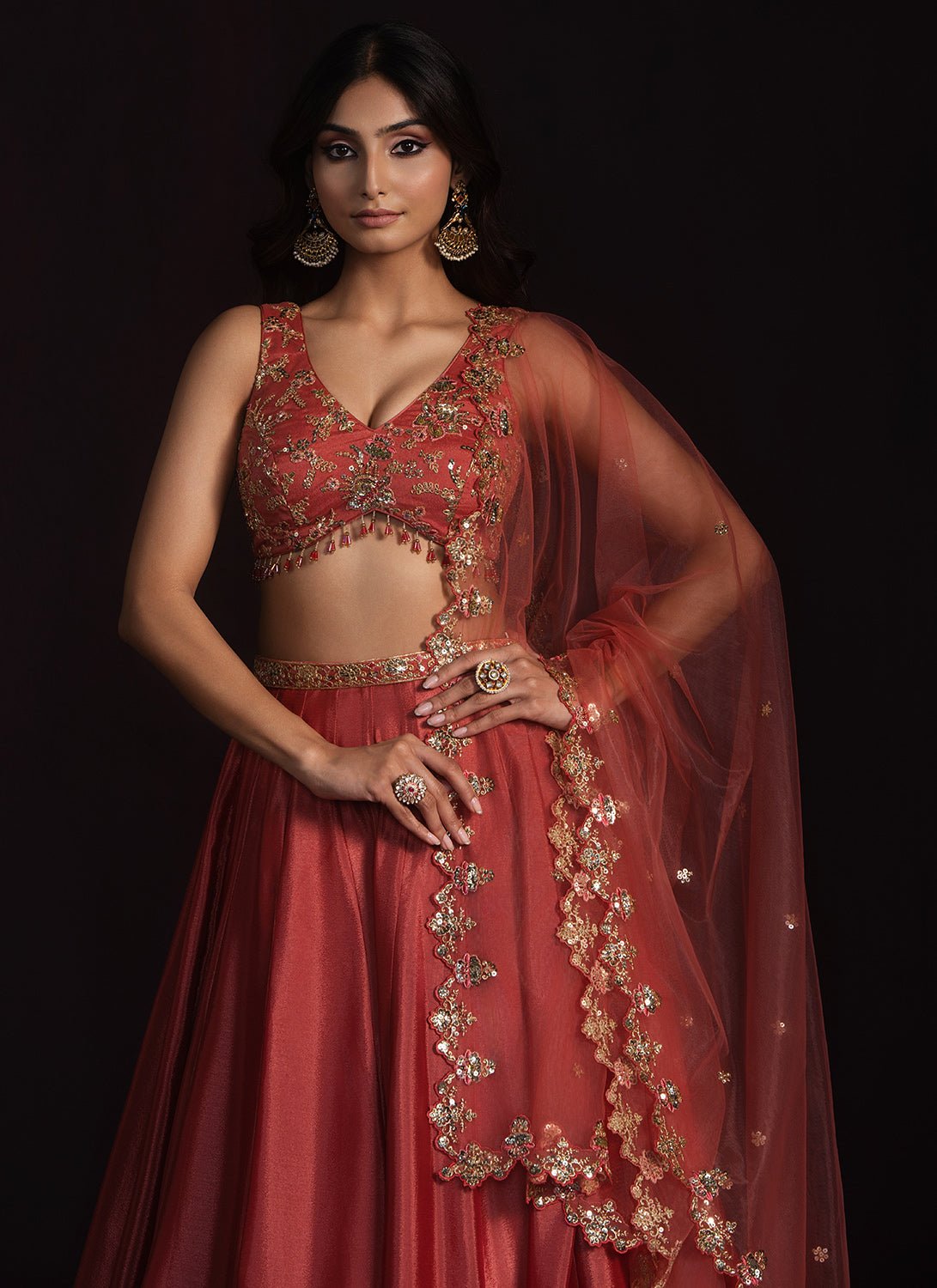 Rust Embroidered Chinon Lehenga - Lashkaraa