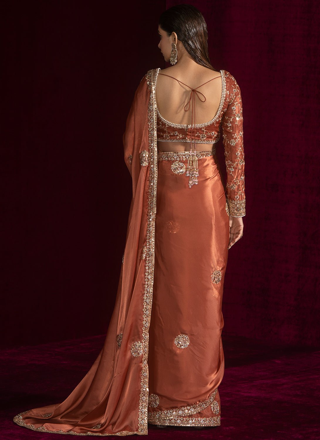 Rust Embroidered Silk Saree - Lashkaraa