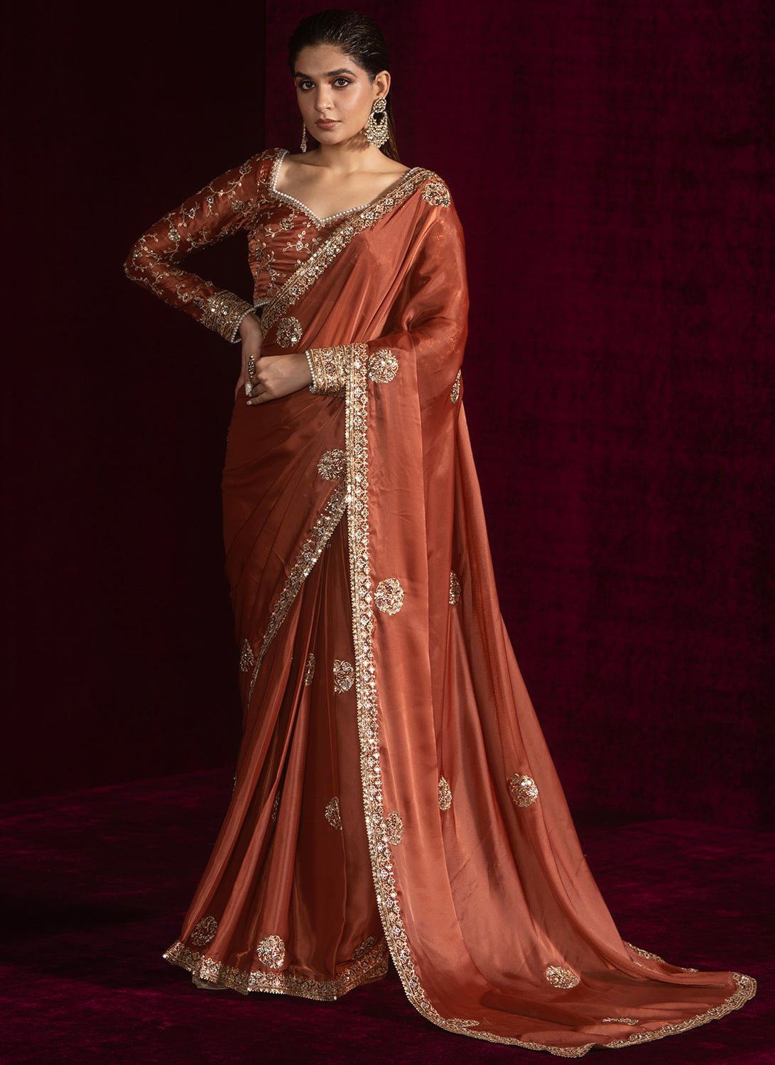 Rust Embroidered Silk Saree - Lashkaraa