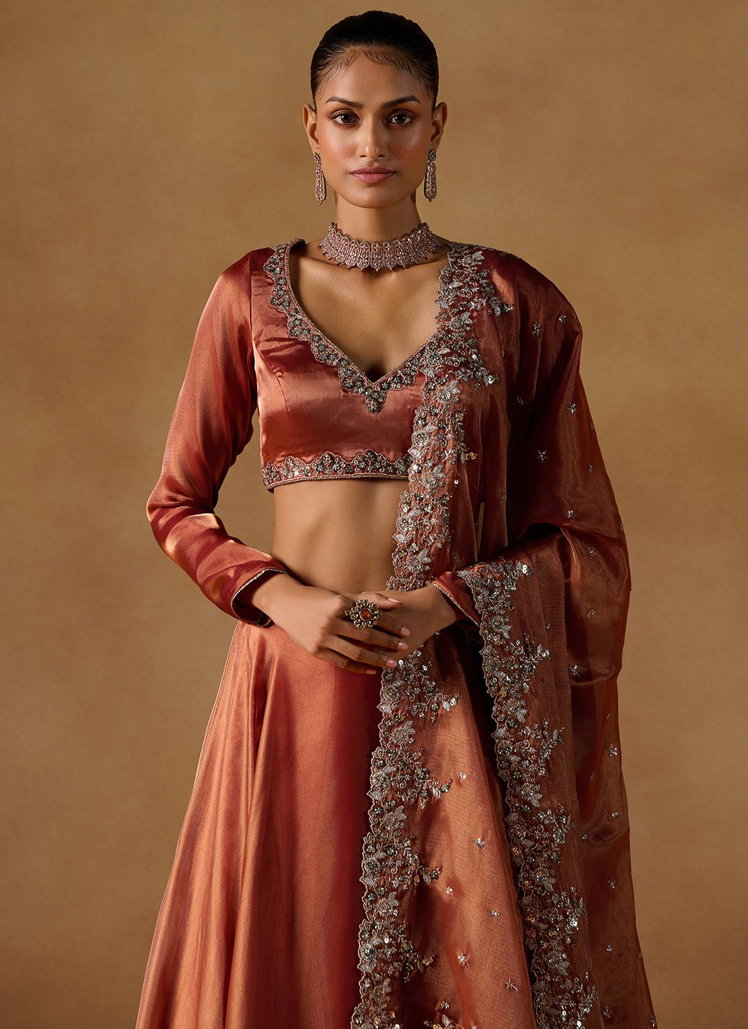 Rust Embroidered Tissue Lehenga - Lashkaraa