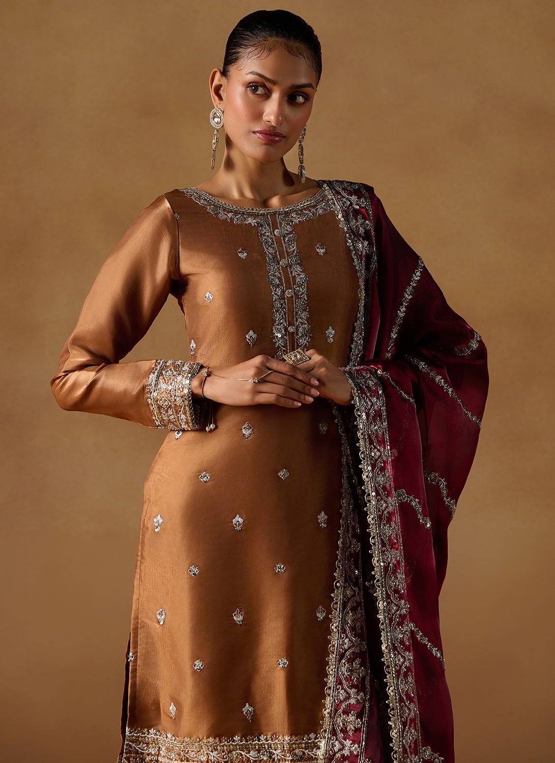 Rust Embroidered Tissue Straight Suit - Lashkaraa