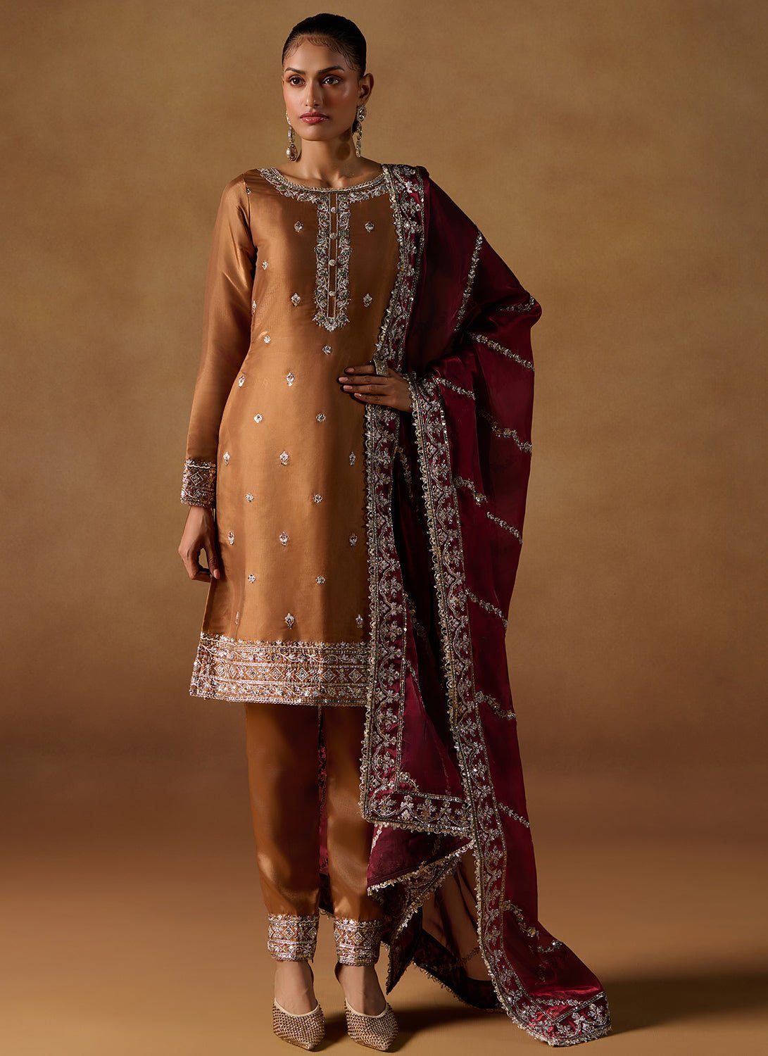 Rust Embroidered Tissue Straight Suit - Lashkaraa
