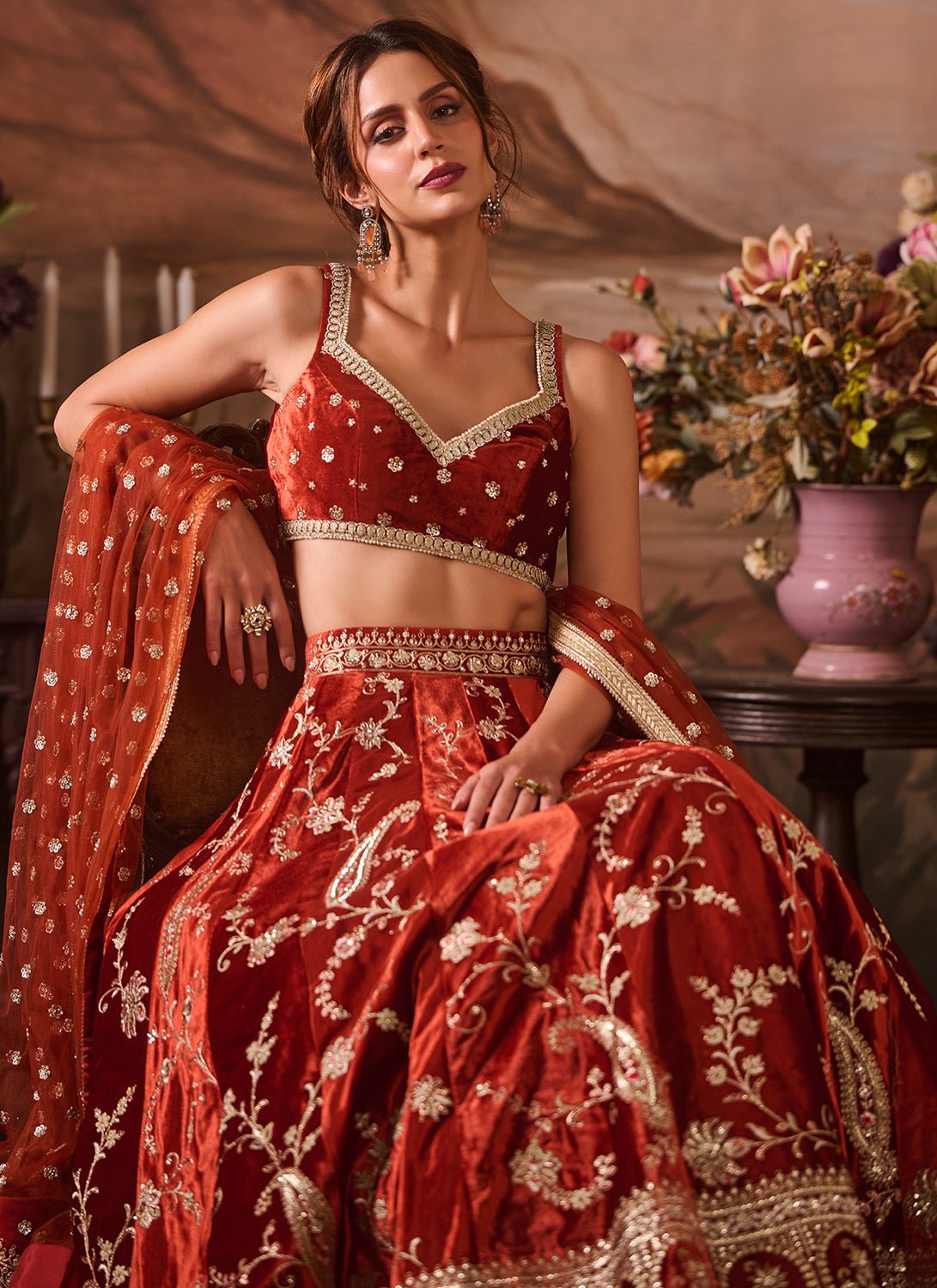 Rust Embroidered Velvet Lehenga - Lashkaraa
