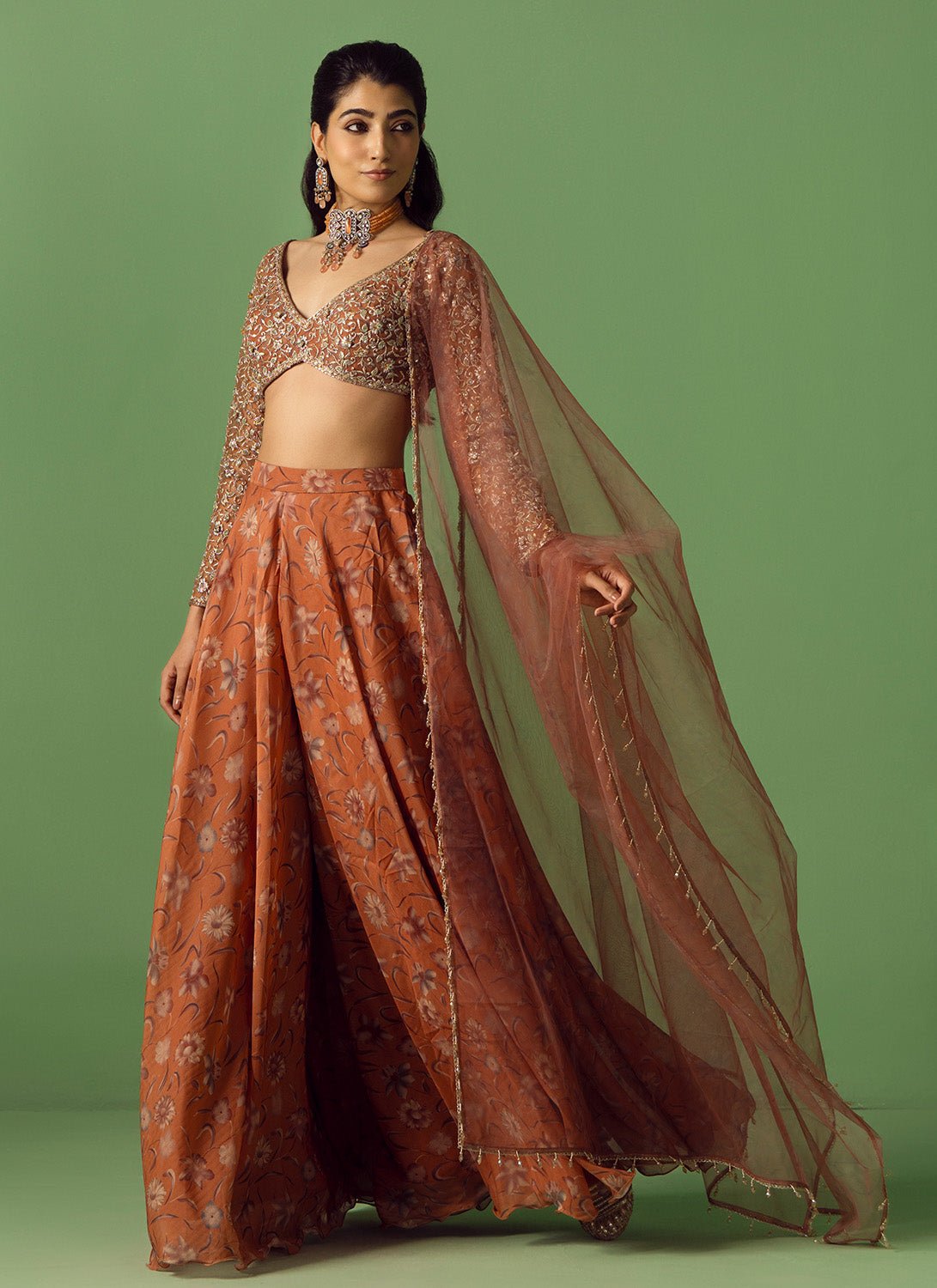 Rust Floral Printed Organza Sharara - Lashkaraa
