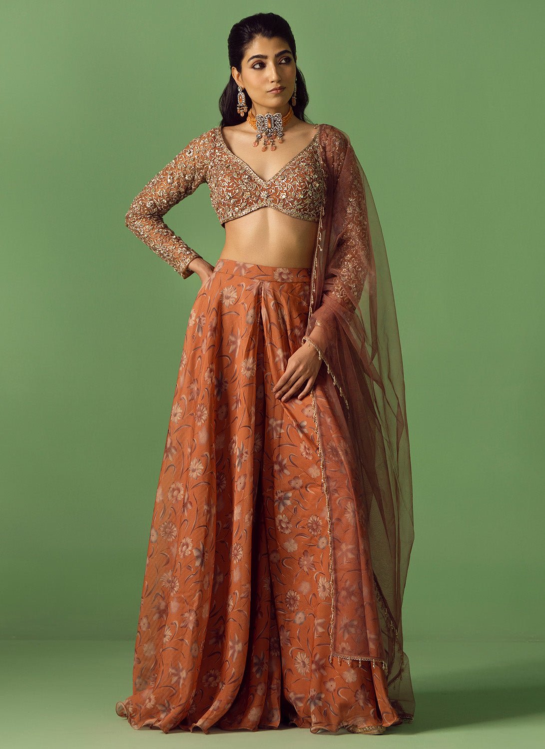 Rust Floral Printed Organza Sharara - Lashkaraa