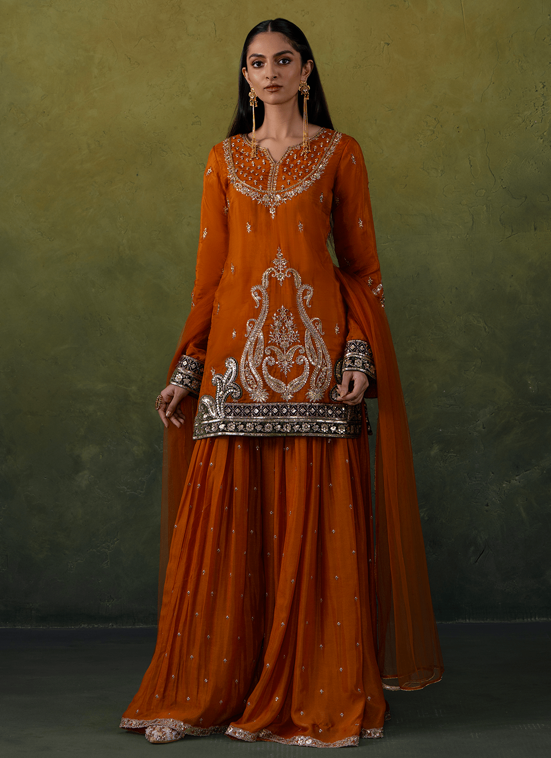 Rust Orange Embroidered Organza Sharara Suit - Lashkaraa