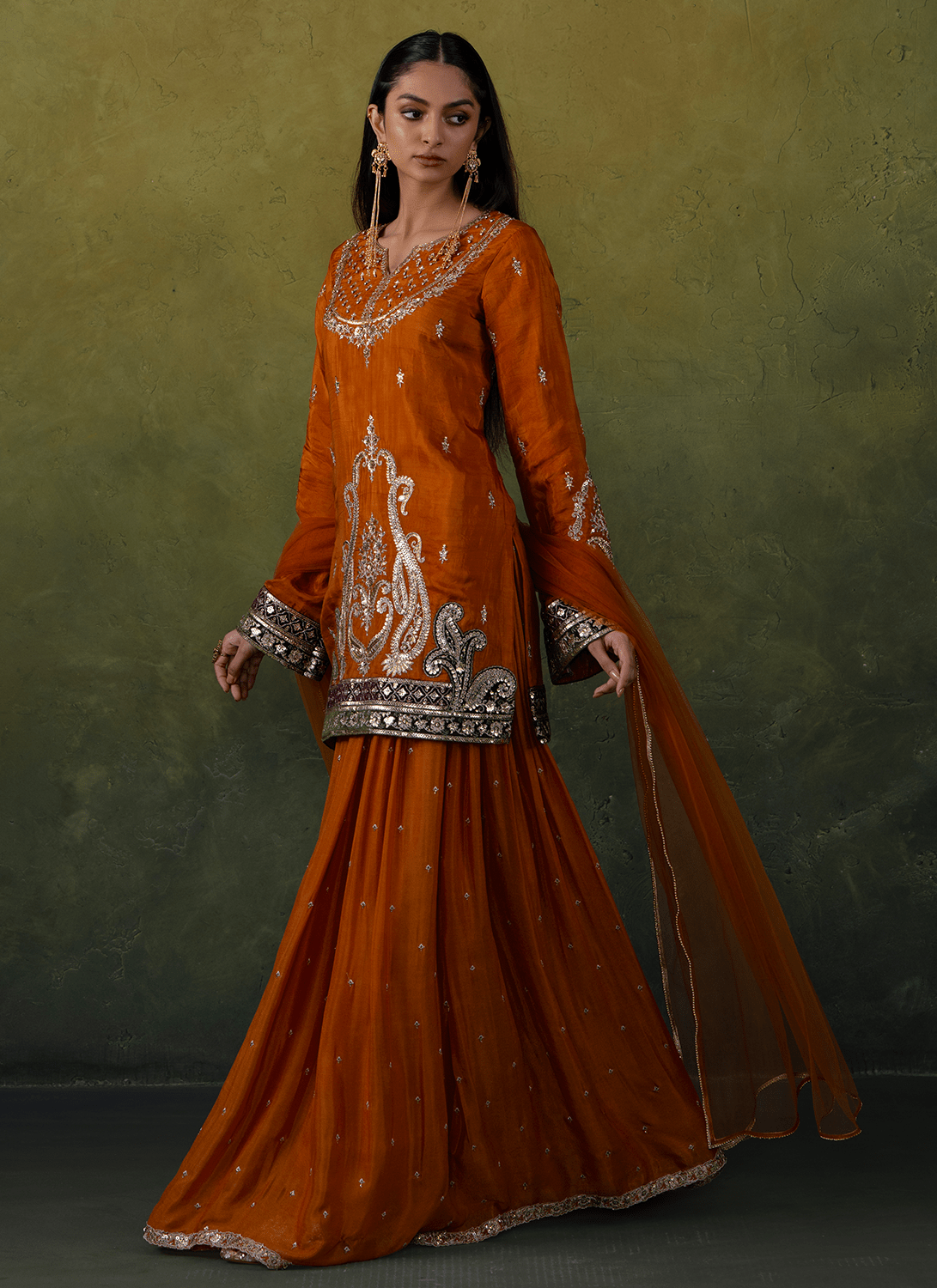 Rust Orange Embroidered Organza Sharara Suit - Lashkaraa