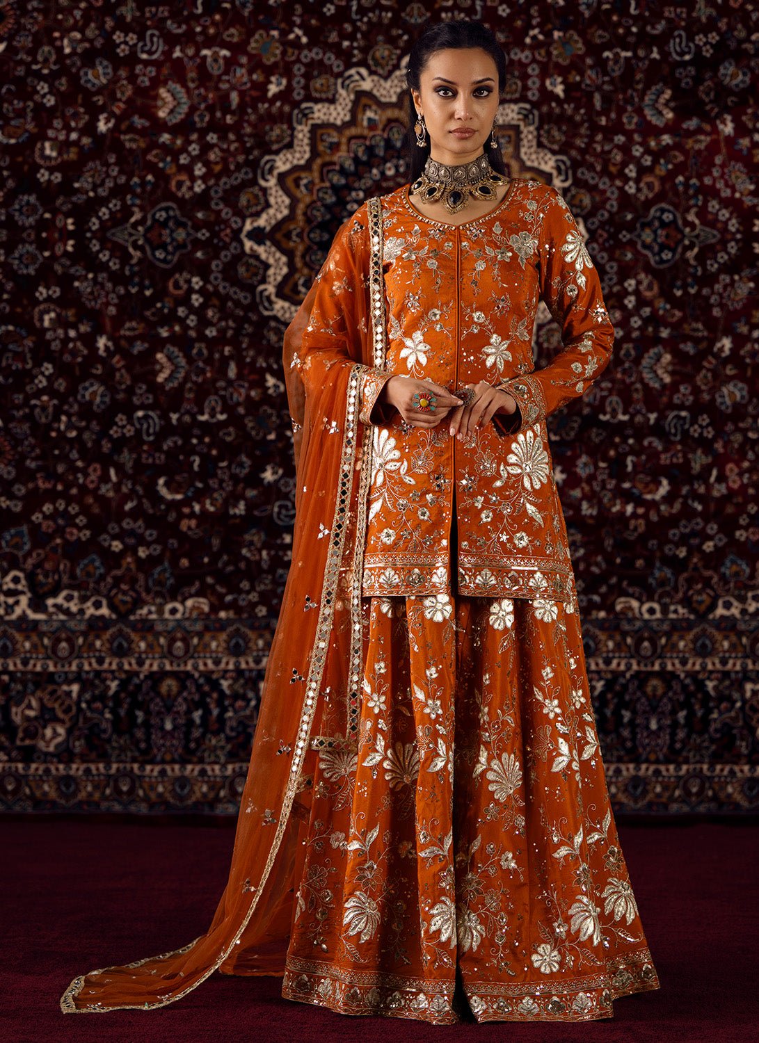 Rust Orange Embroidered Viscose Silk Sharara - Lashkaraa