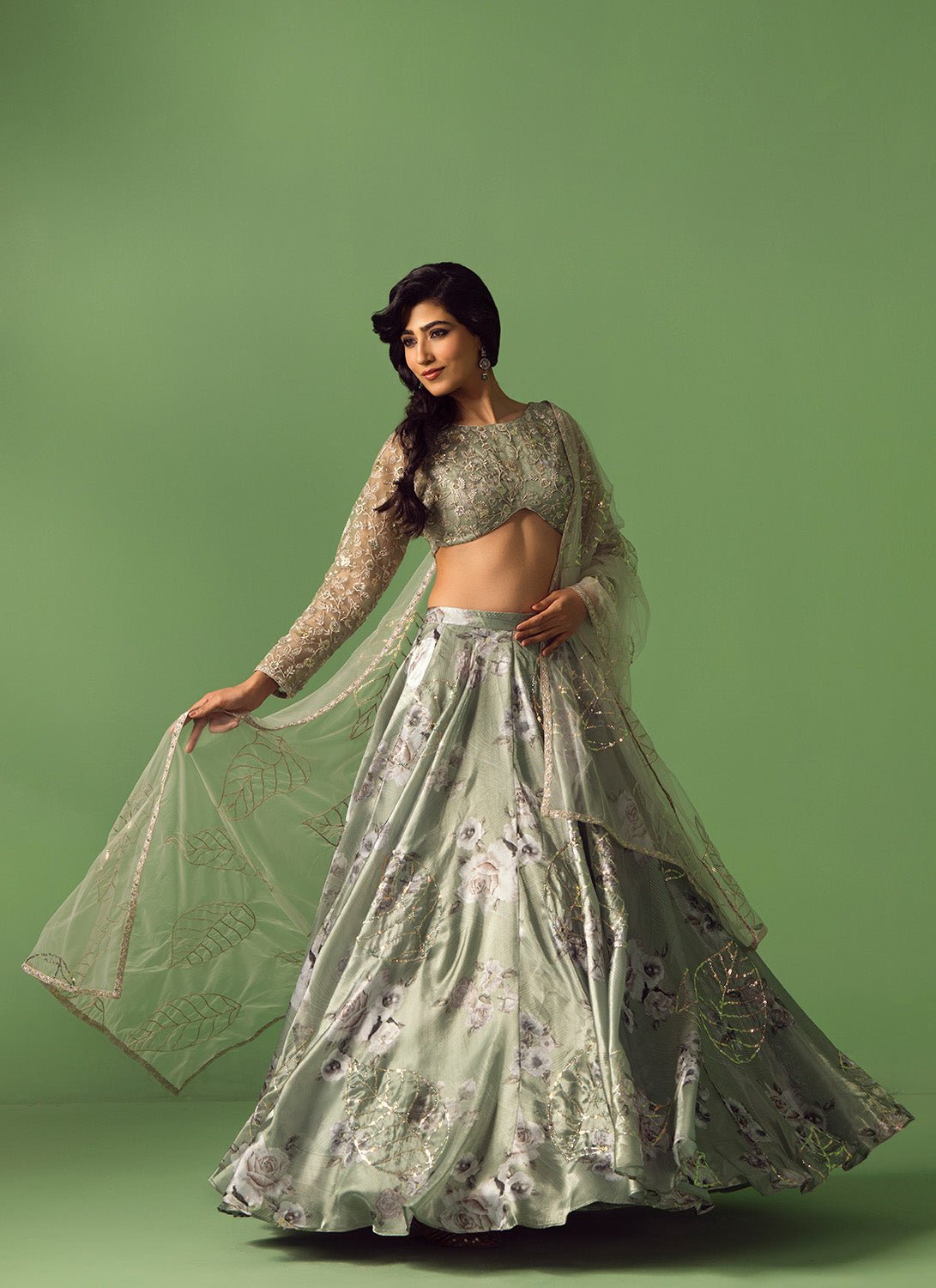 Sage Green Floral Printed Organza Lehenga - Lashkaraa