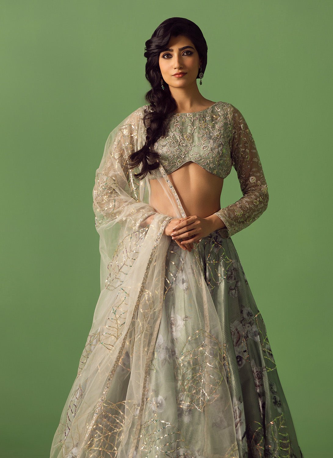 Sage Green Floral Printed Organza Lehenga - Lashkaraa