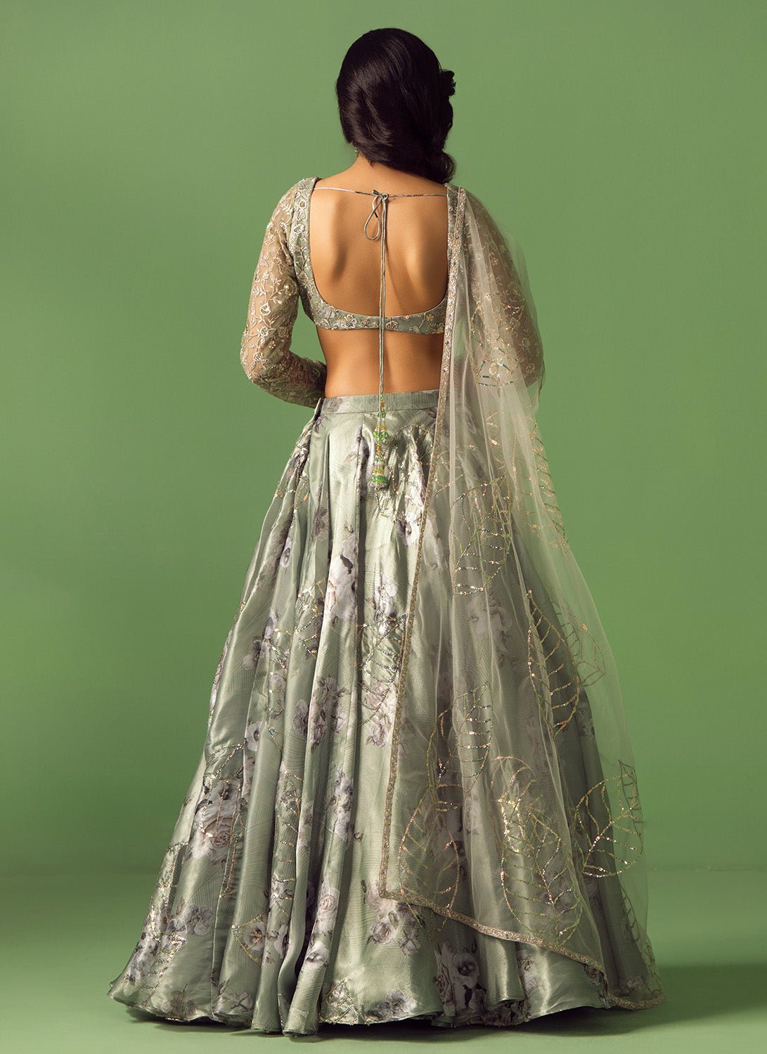 Sage Green Floral Printed Organza Lehenga - Lashkaraa