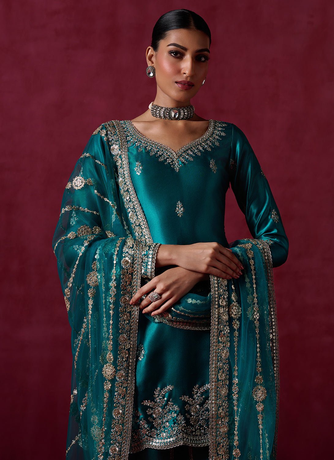 Sea Green Embroidered Satin Punjabi Suit - Lashkaraa