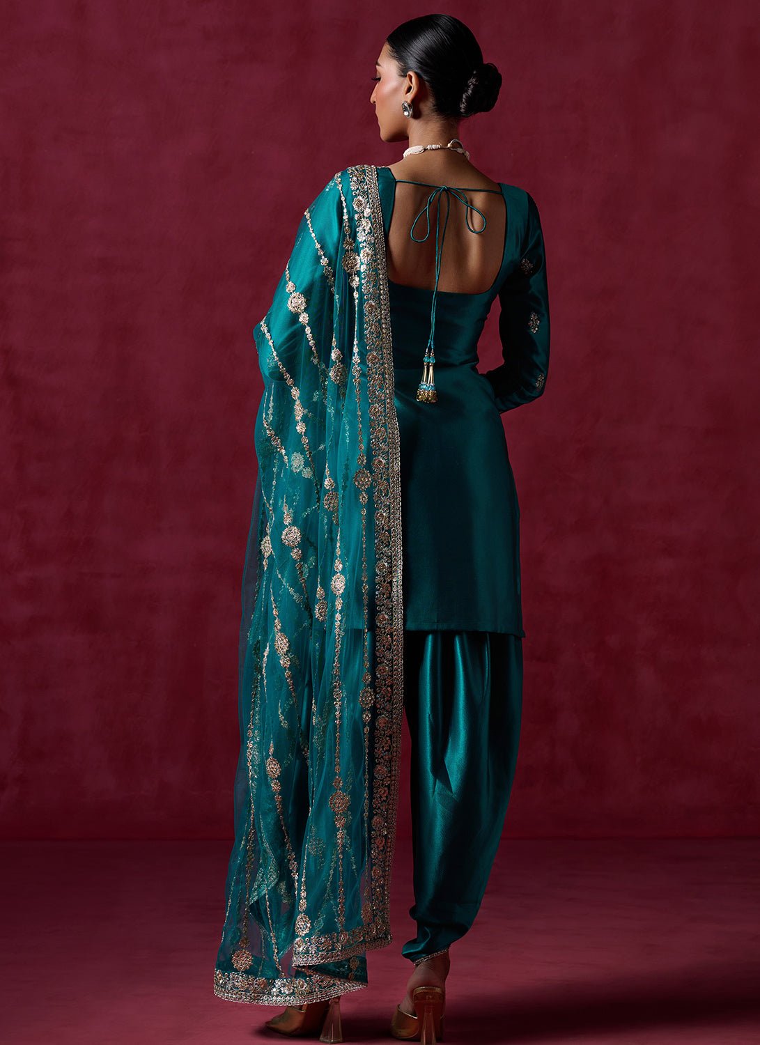 Sea Green Embroidered Satin Punjabi Suit - Lashkaraa