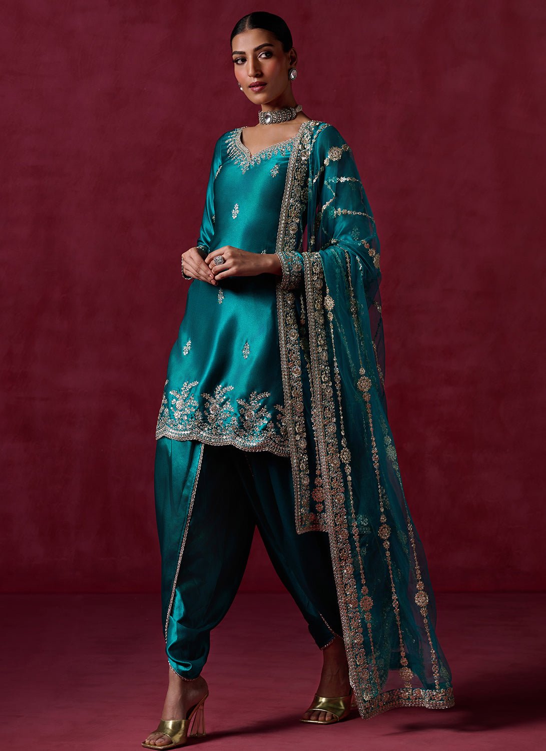 Sea Green Embroidered Satin Punjabi Suit - Lashkaraa