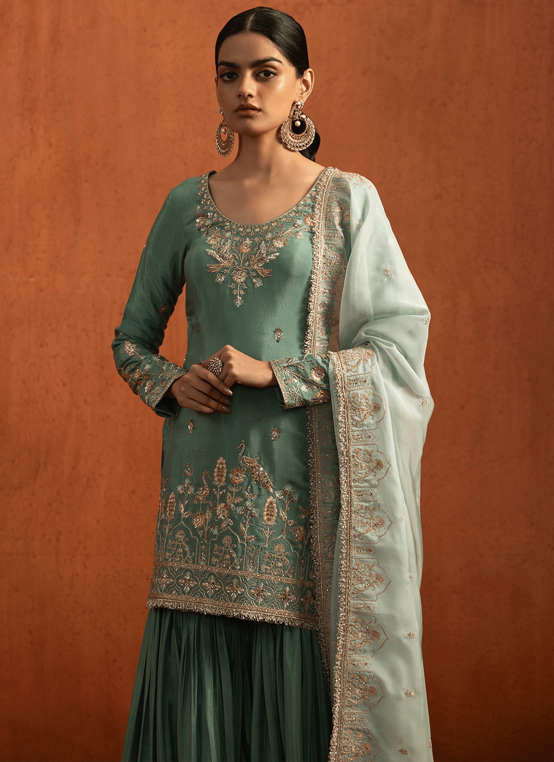 Sea Green Embroidered Viscose Silk Gharara Suit - Lashkaraa