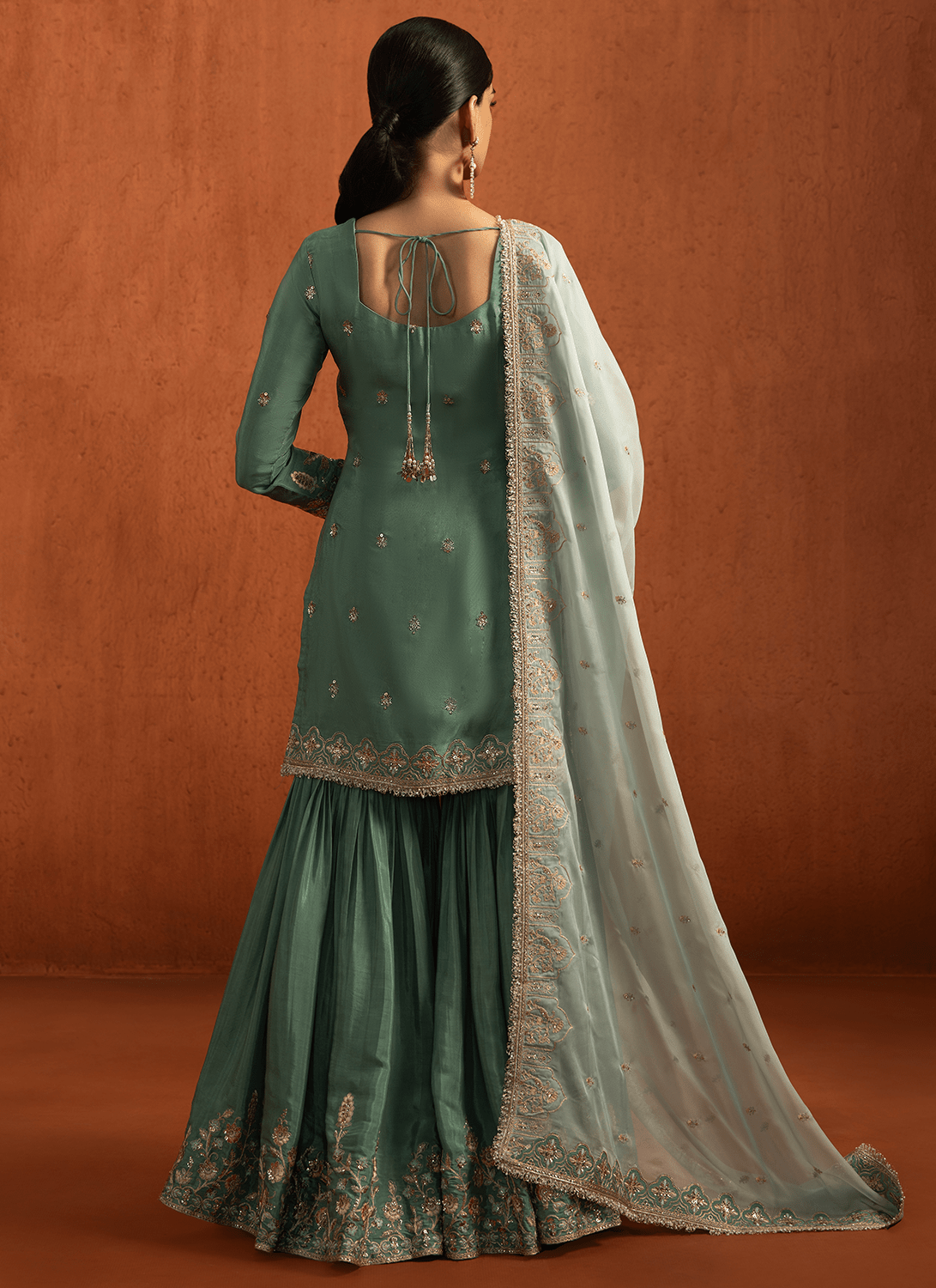 Sea Green Embroidered Viscose Silk Gharara Suit - Lashkaraa