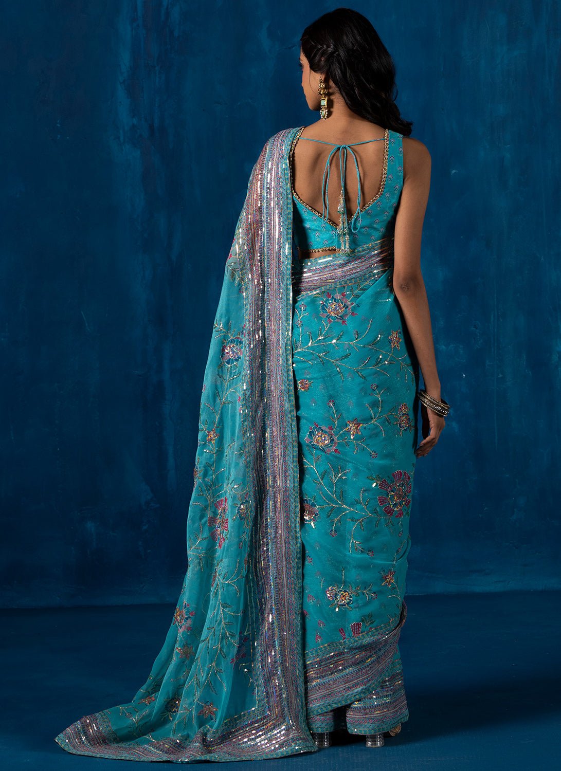Sea Green Multicolor Embroidered Chiffon Saree - Lashkaraa